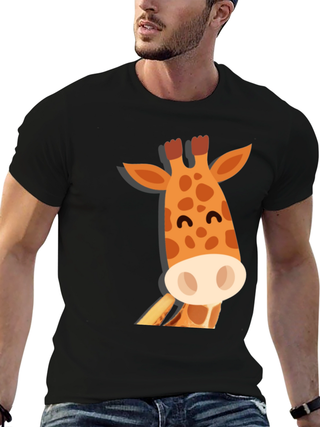 Cute Giraffe Graphic Black T-Shirt