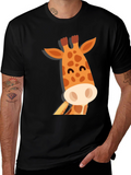 Cute Giraffe Graphic Black T-Shirt