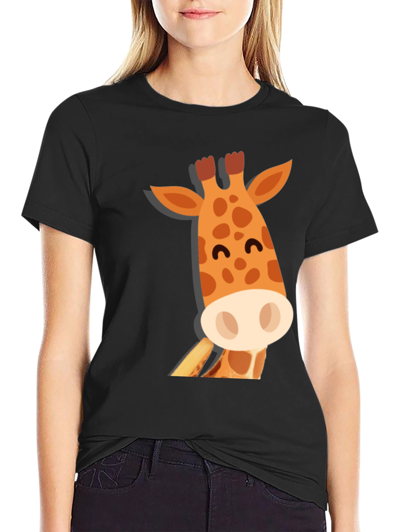Cute Giraffe Graphic Black T-Shirt