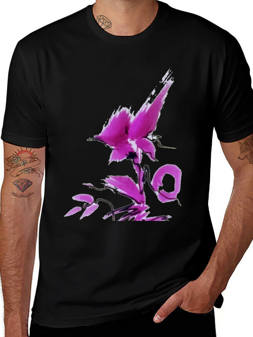 Black T-Shirt with Abstract Floral Design
