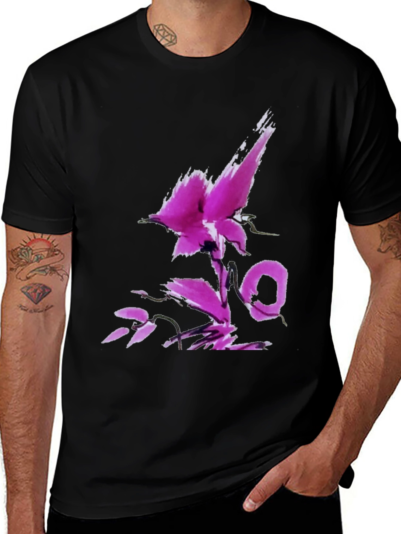 Black T-Shirt with Abstract Floral Design