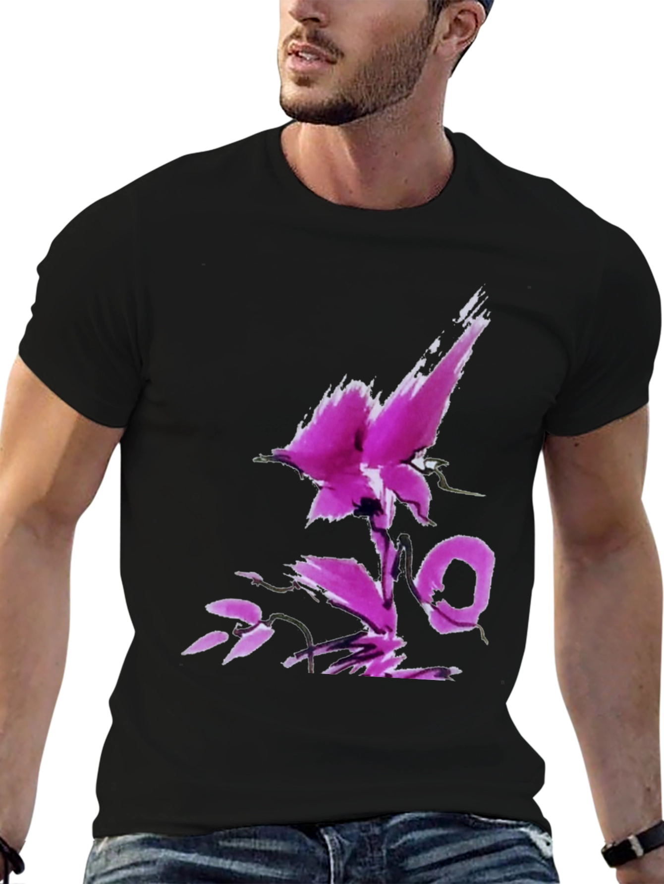 Black T-Shirt with Abstract Floral Design