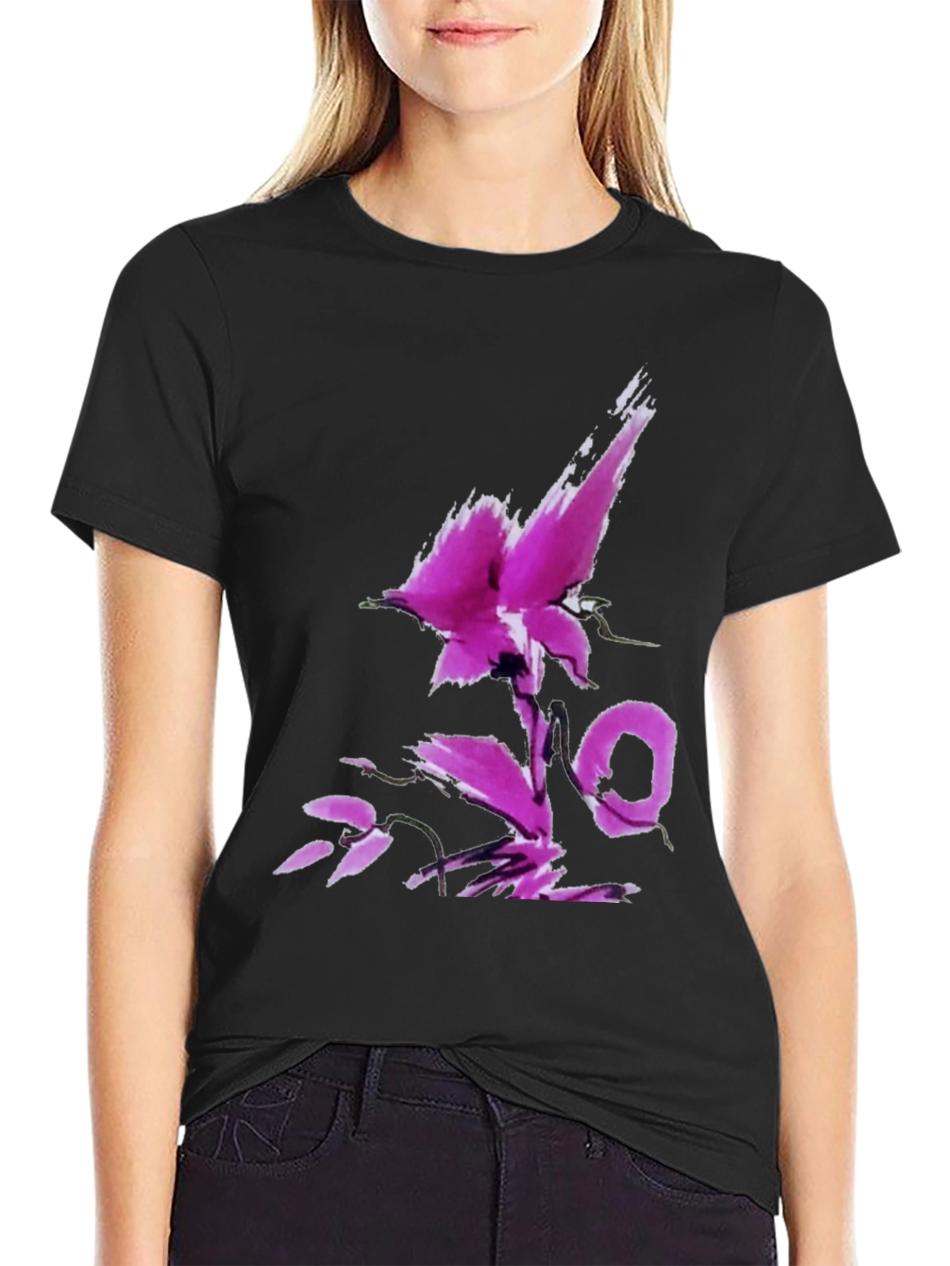 Black T-Shirt with Abstract Floral Design