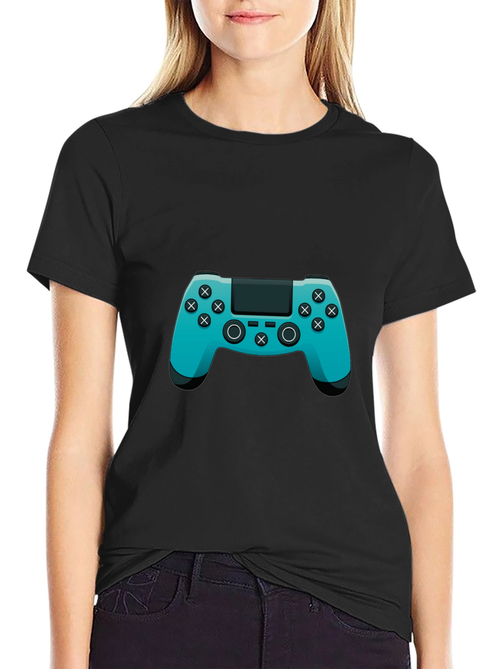 Gamer Style Black T-Shirt with Teal Controller Design