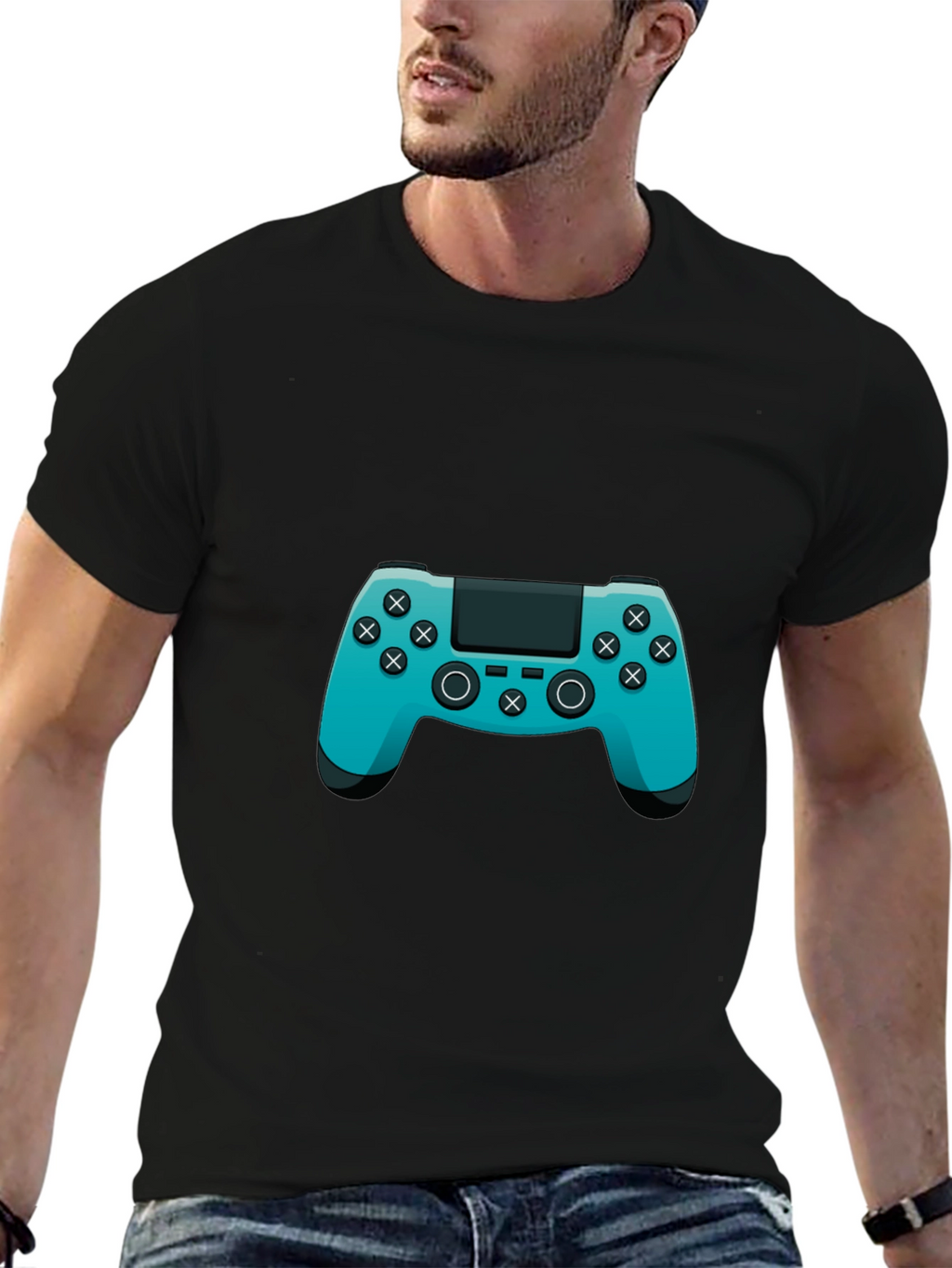 Gamer Style Black T-Shirt with Teal Controller Design