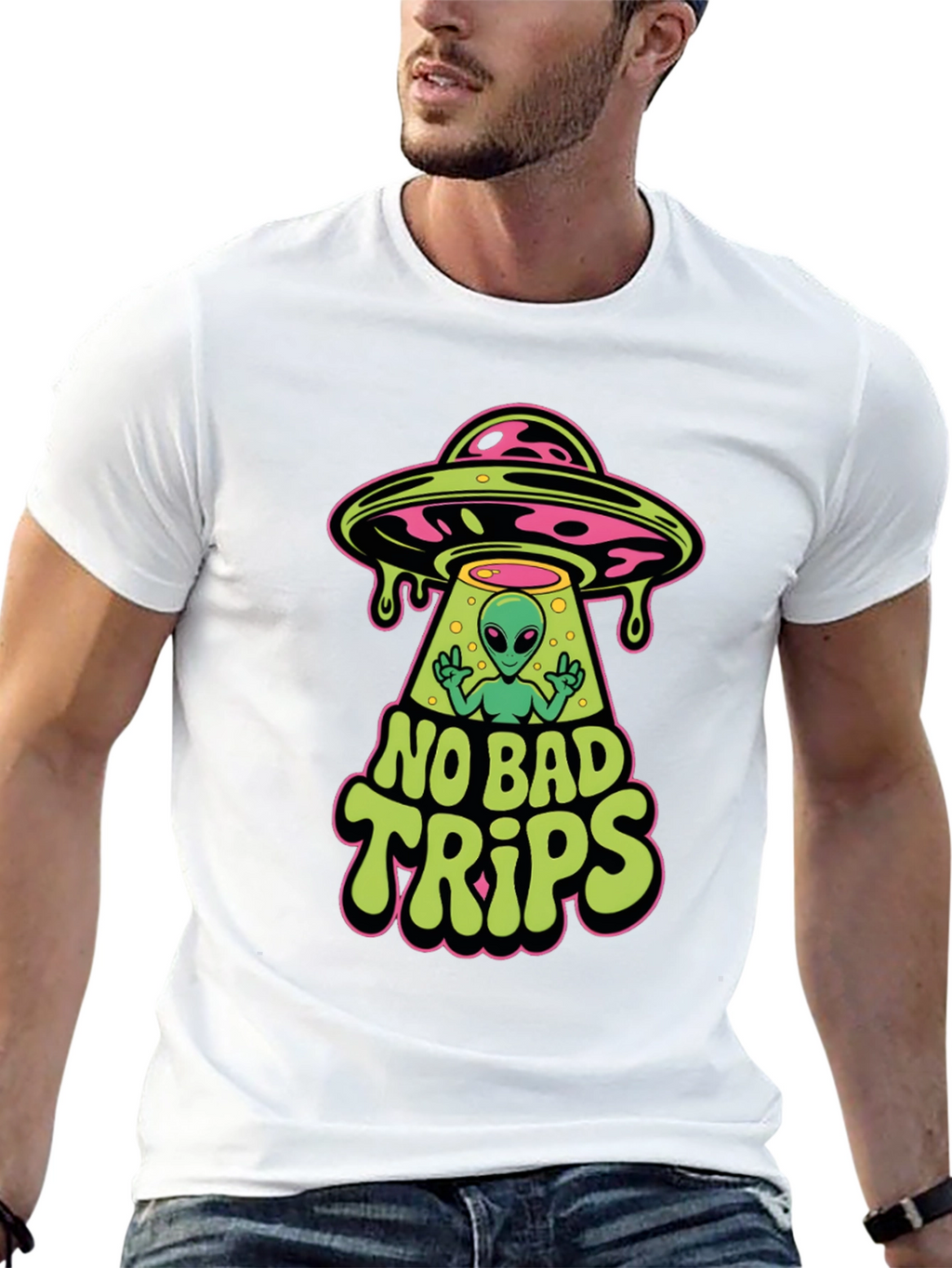 No Bad Trips Alien UFO Graphic T-Shirt