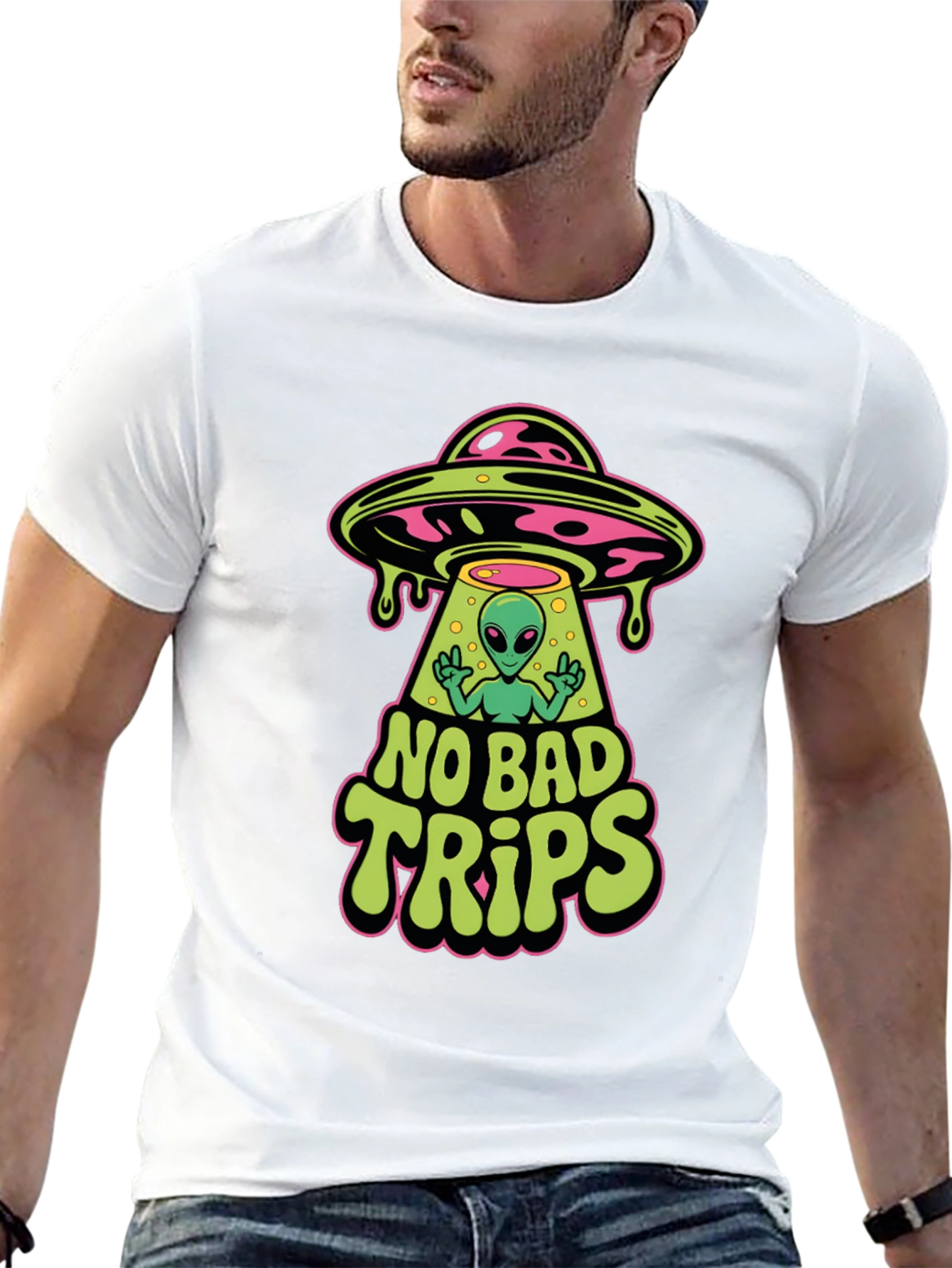 No Bad Trips Alien UFO Graphic T-Shirt