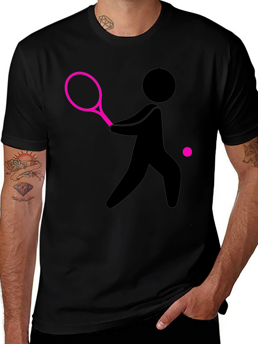 Tennis Player Graphic Tee - Black Cotton T-Shirt