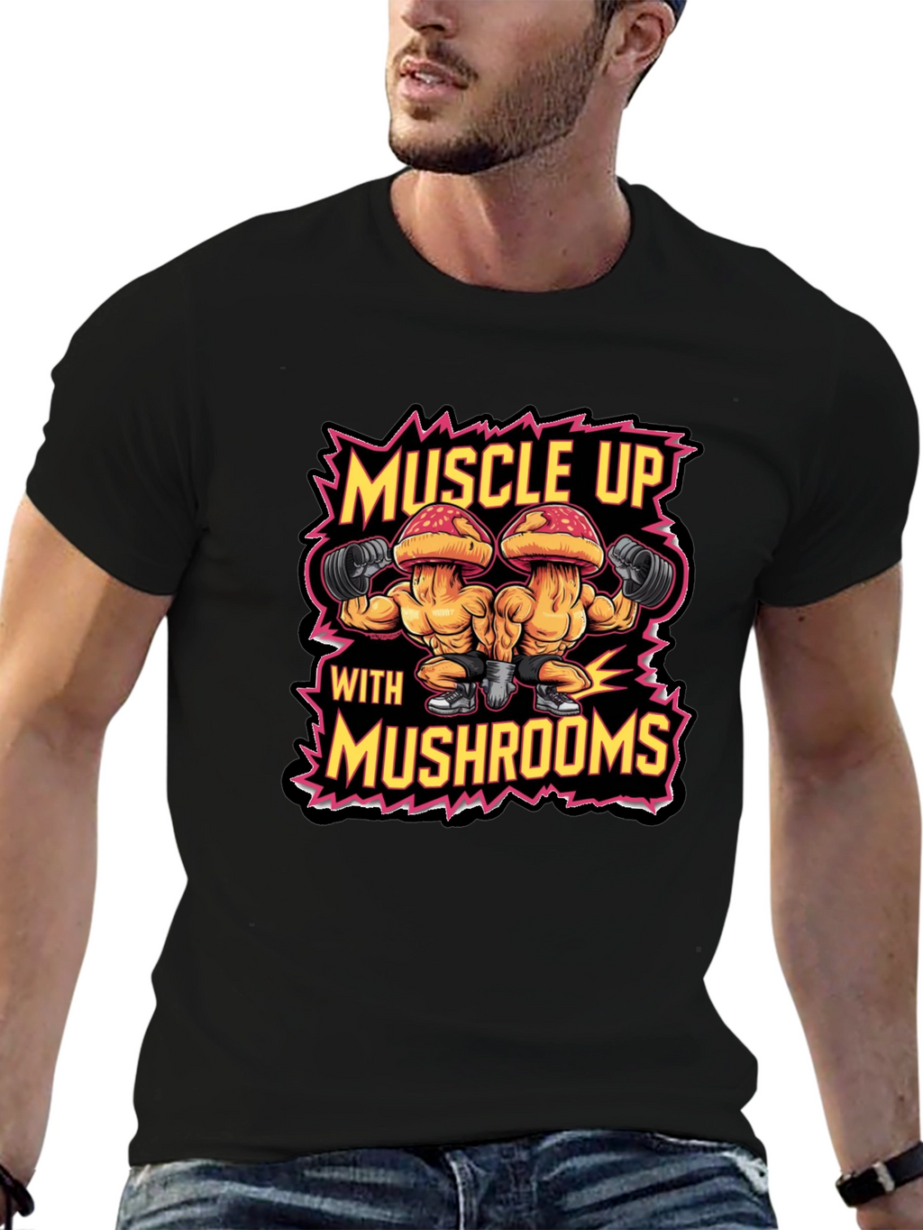 Muscle Up with Mushrooms Black T-Shirt Gym Workout