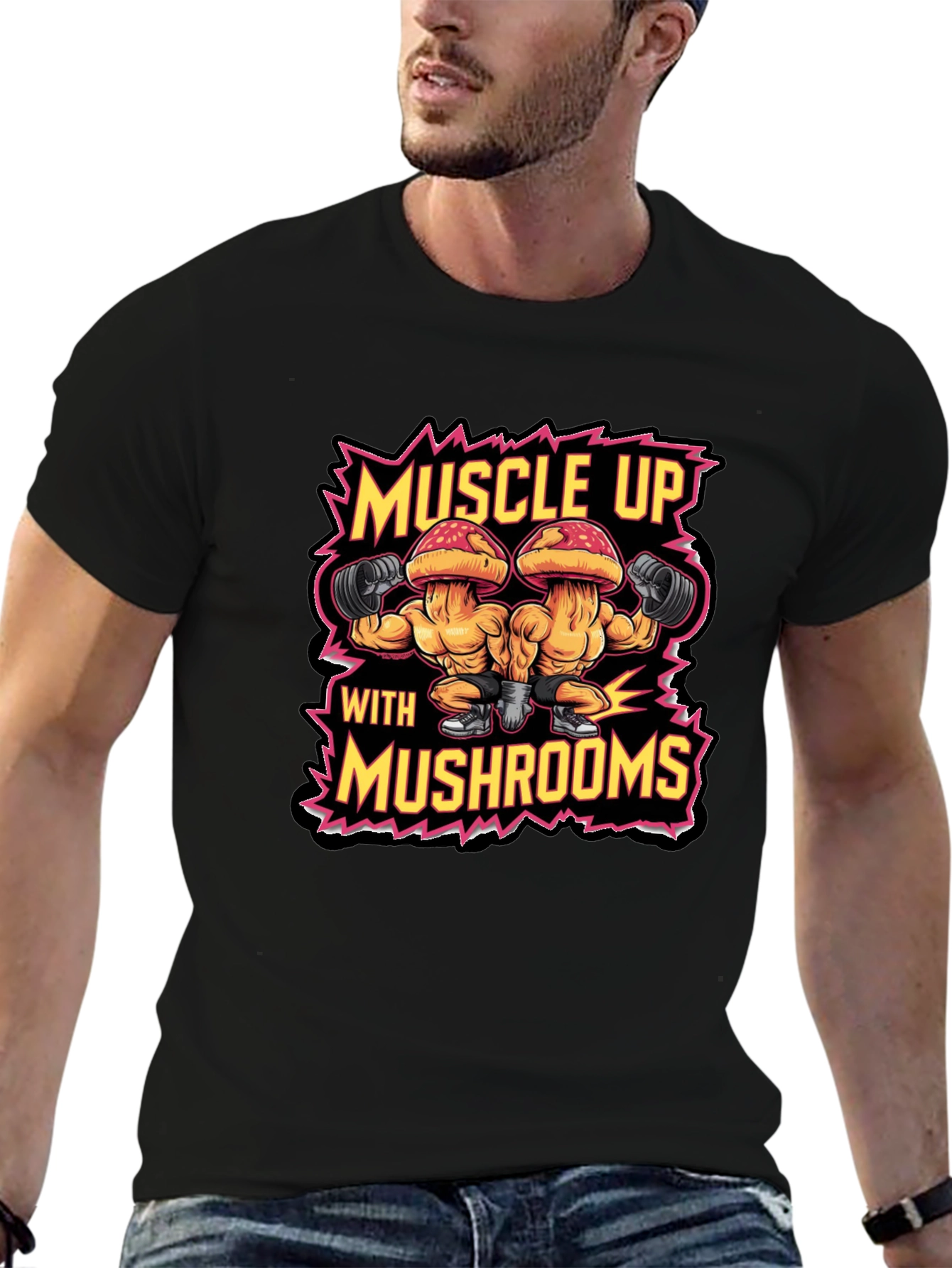 Muscle Up with Mushrooms Black T-Shirt Gym Workout