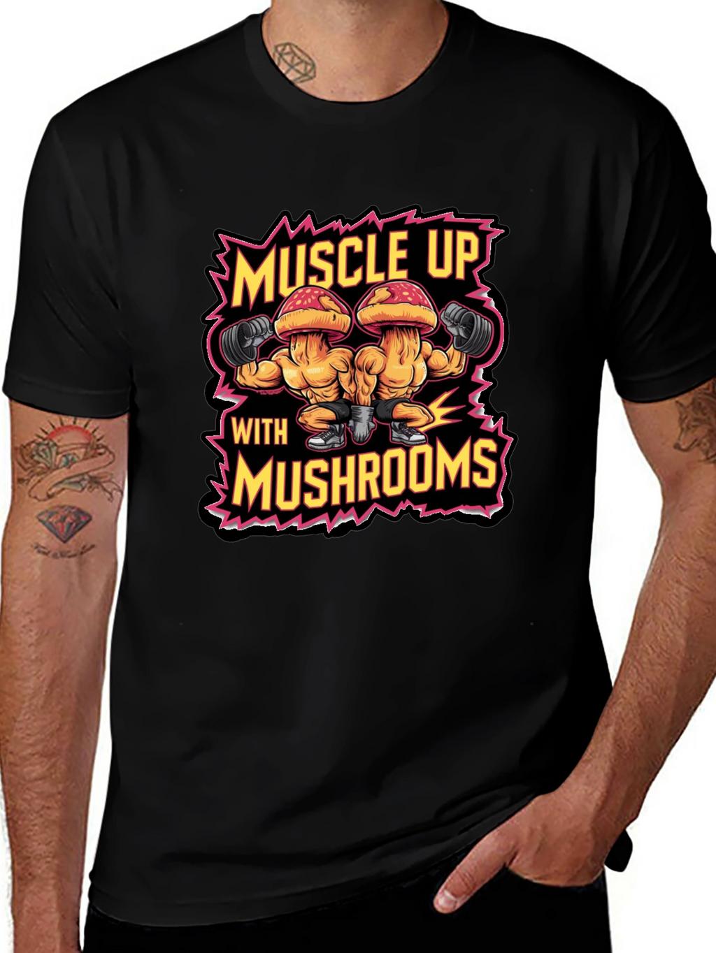 Muscle Up with Mushrooms Black T-Shirt Gym Workout