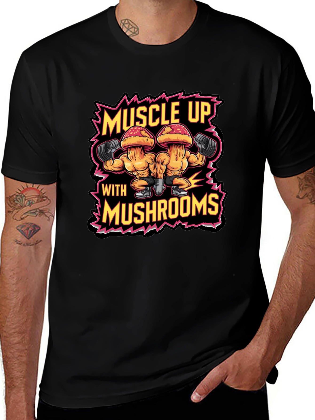 Muscle Up with Mushrooms Black T-Shirt Gym Workout