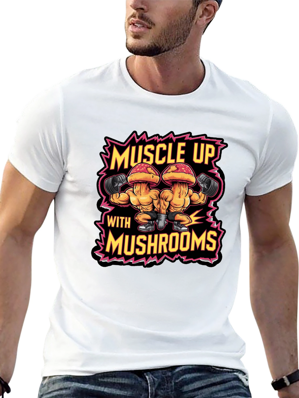 Muscle Up with Mushrooms Black T-Shirt Gym Workout
