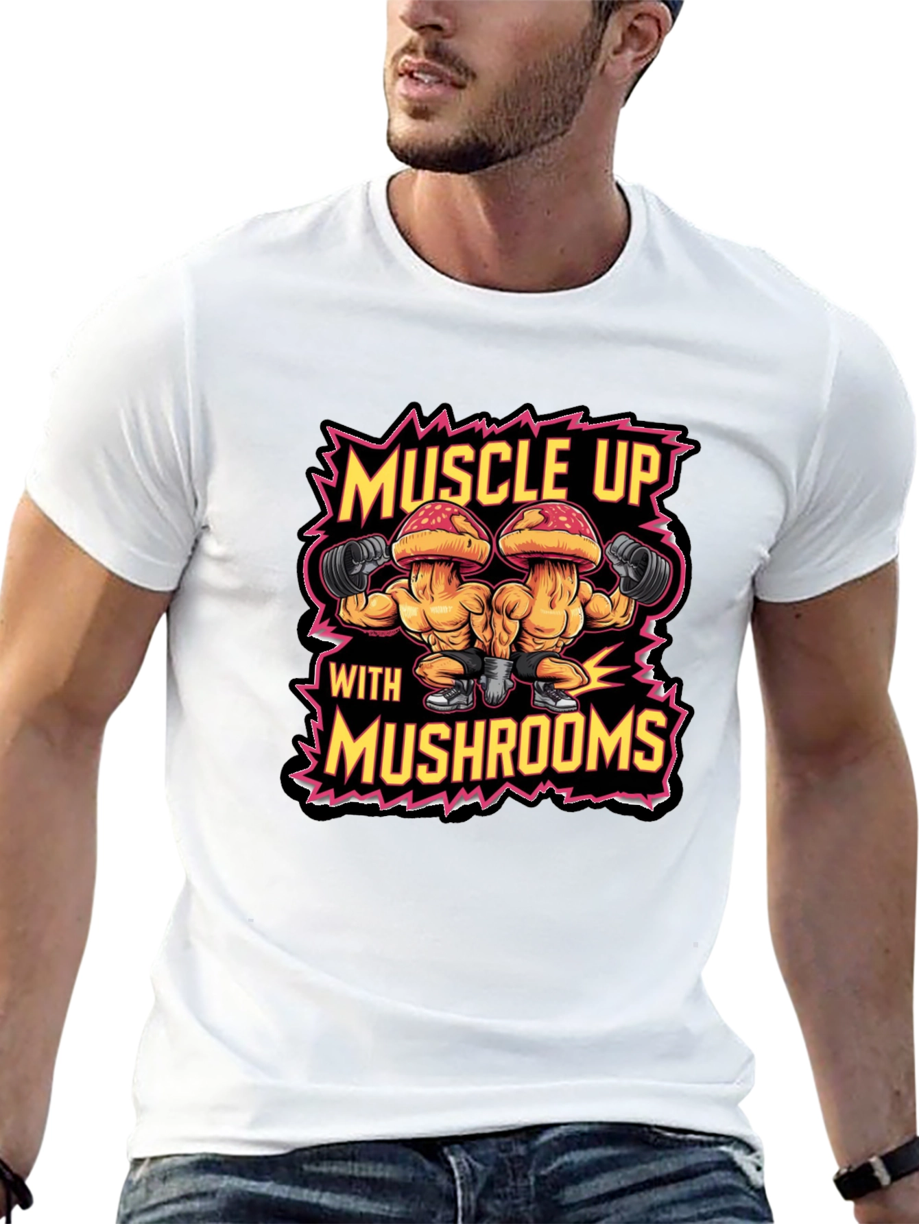 Muscle Up with Mushrooms Black T-Shirt Gym Workout