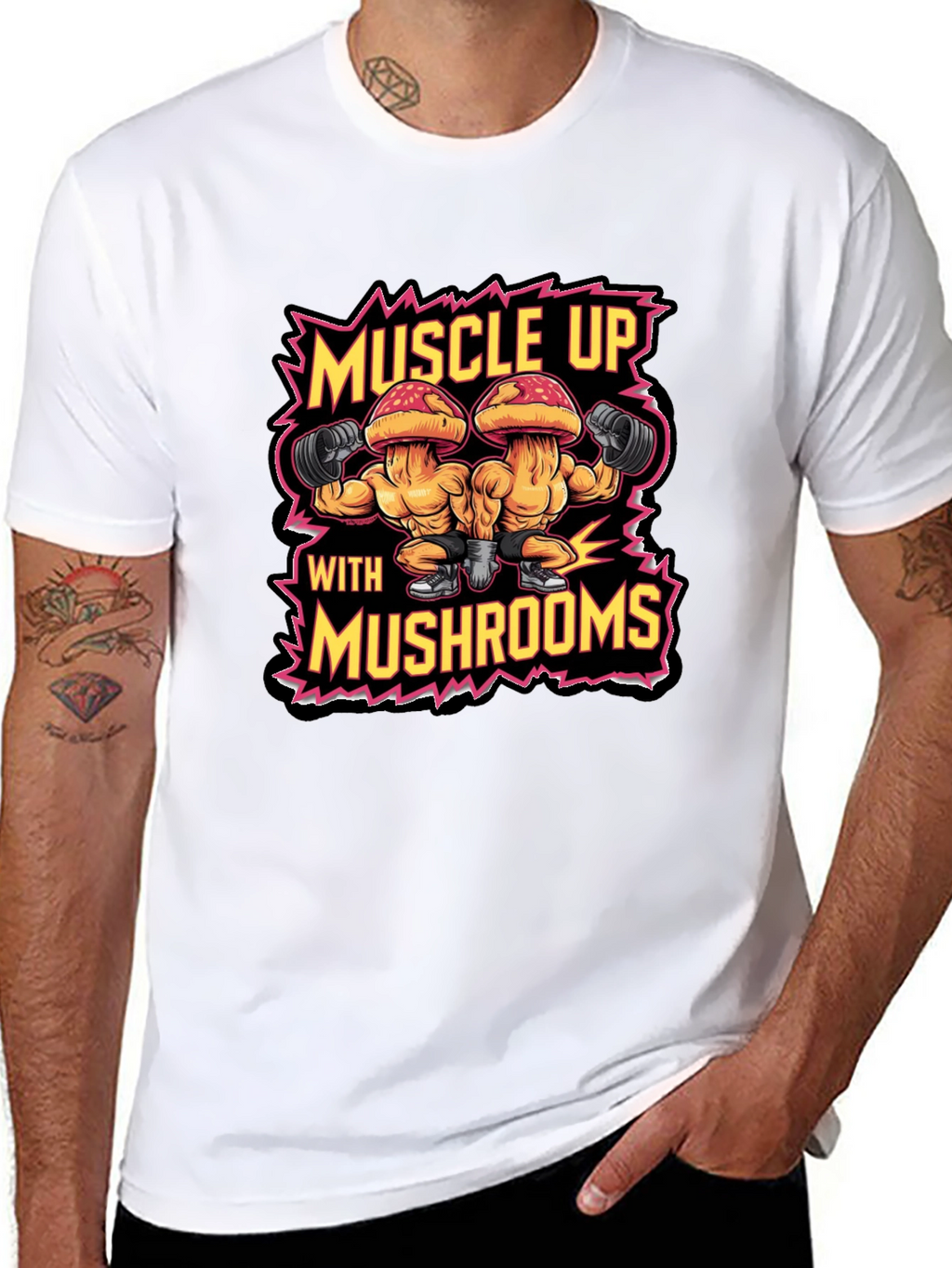 Muscle Up with Mushrooms Black T-Shirt Gym Workout