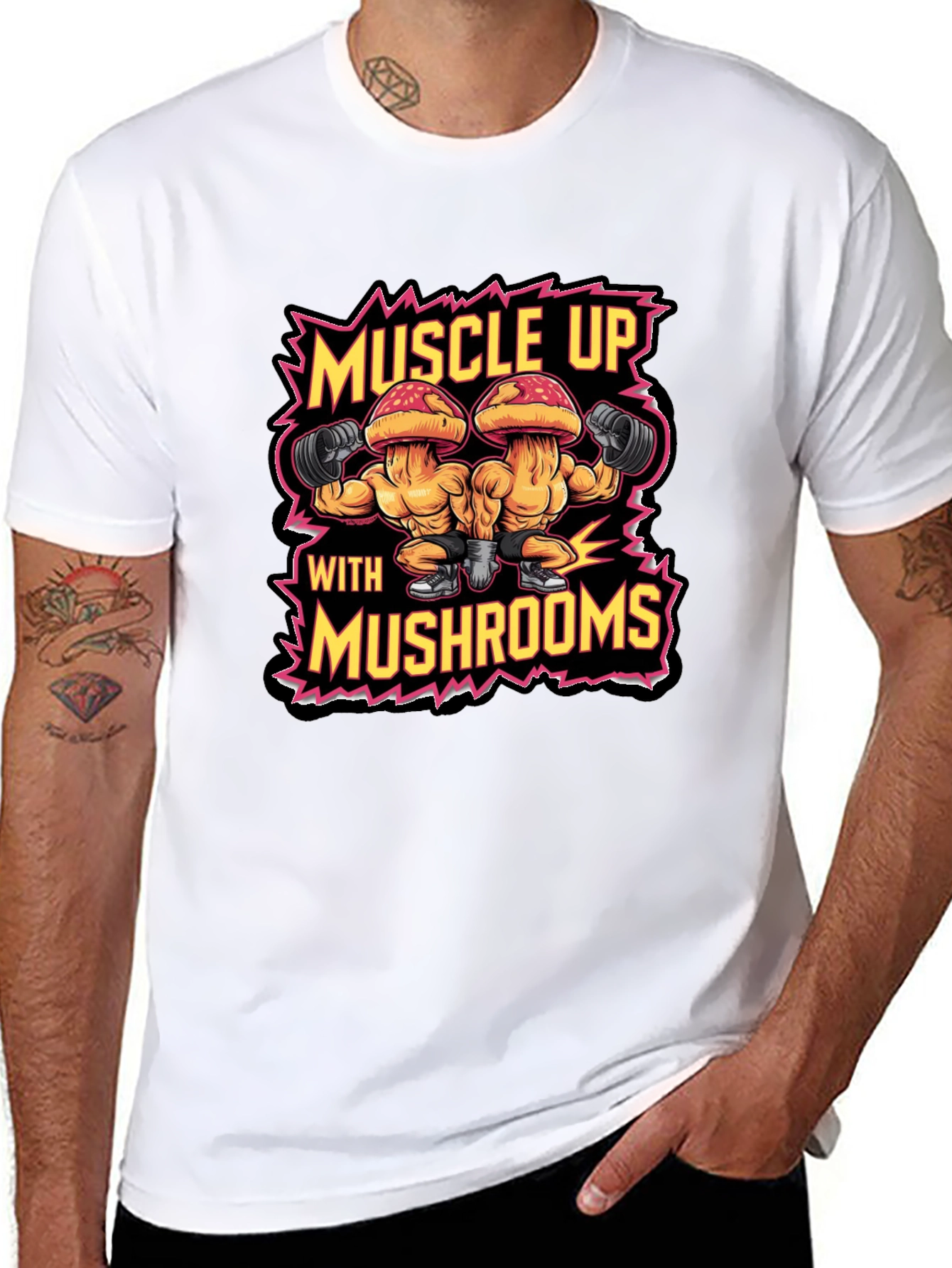 Muscle Up with Mushrooms Black T-Shirt Gym Workout