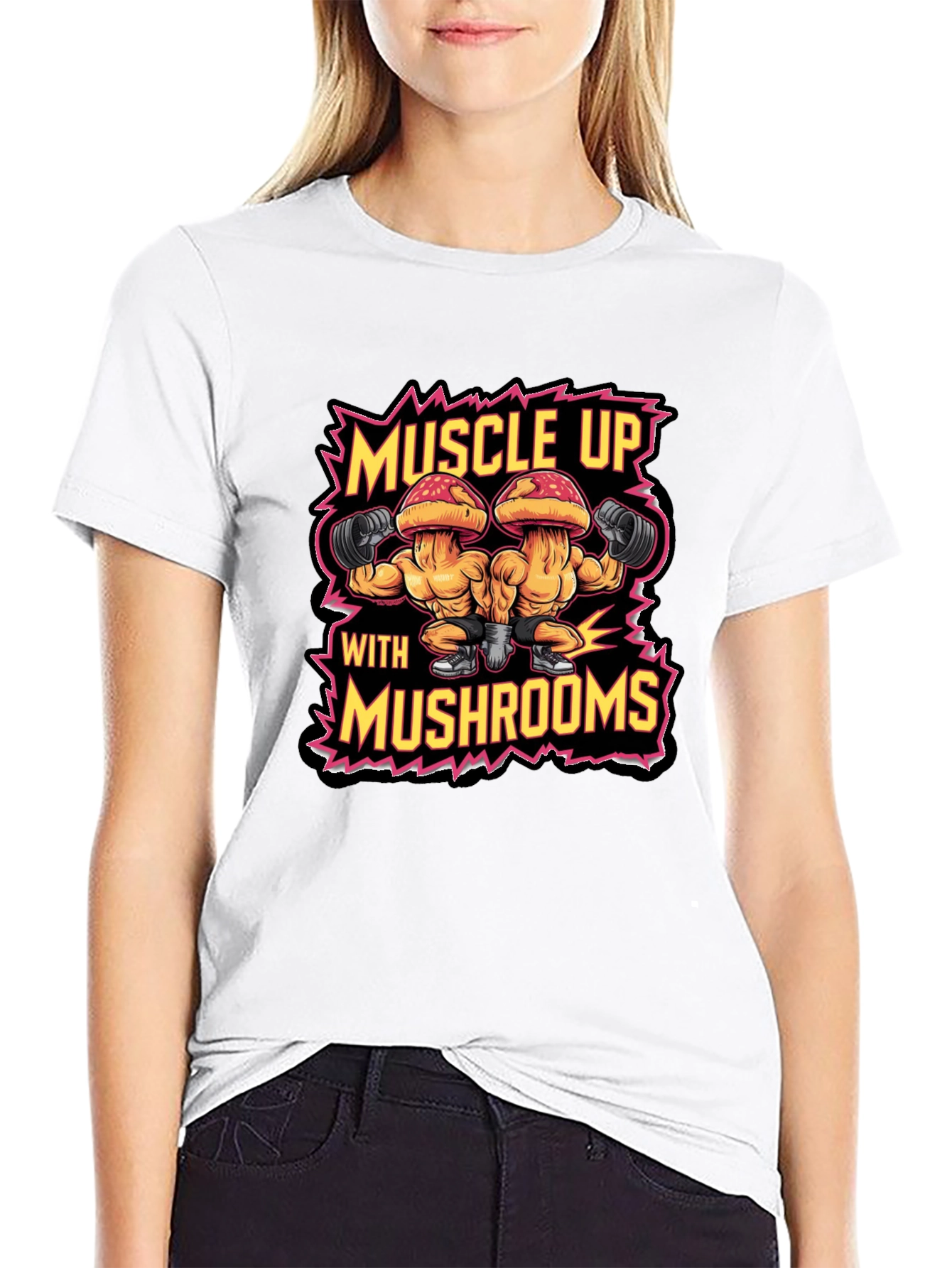 Muscle Up with Mushrooms Black T-Shirt Gym Workout