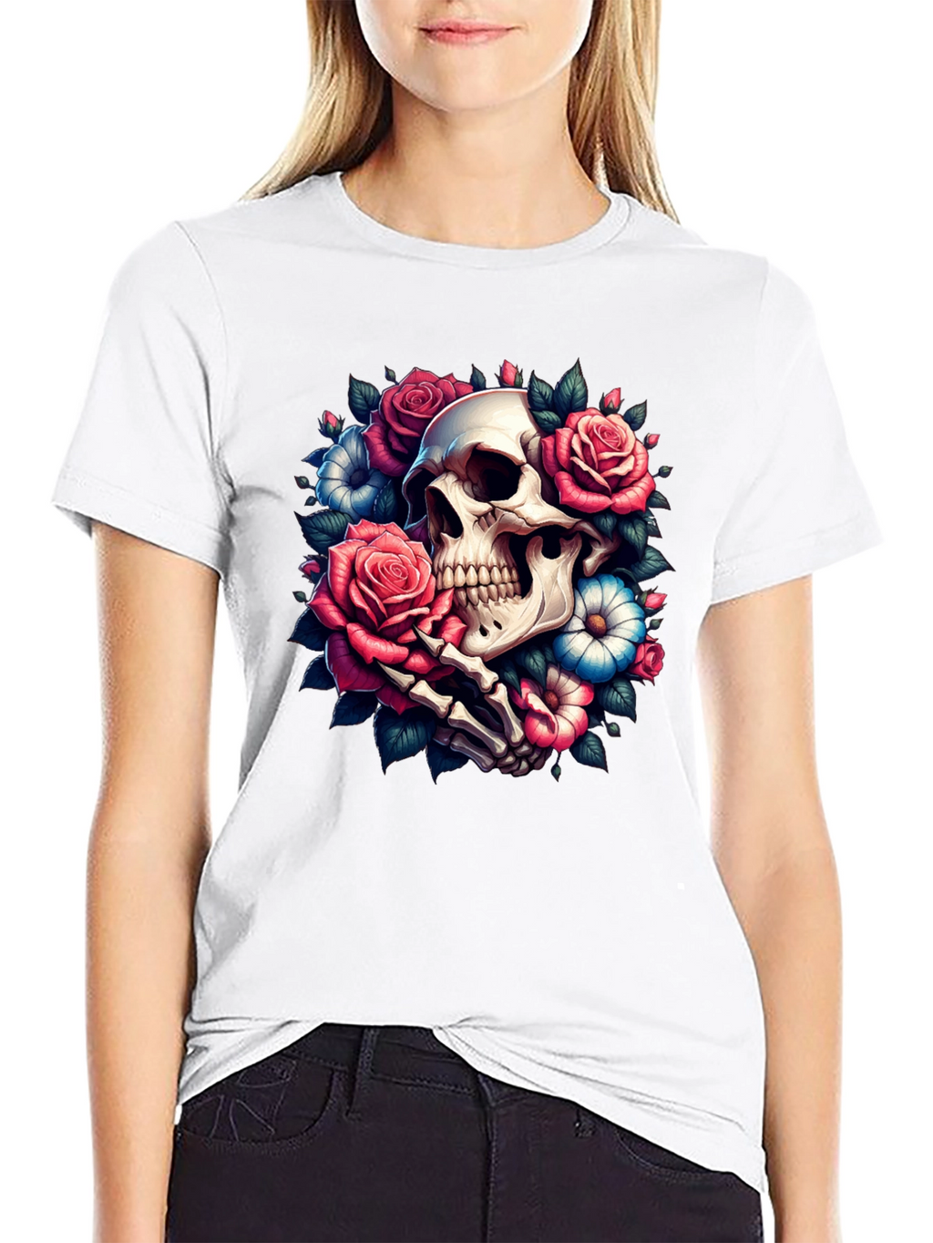 Floral Skull Graphic Tee - Black