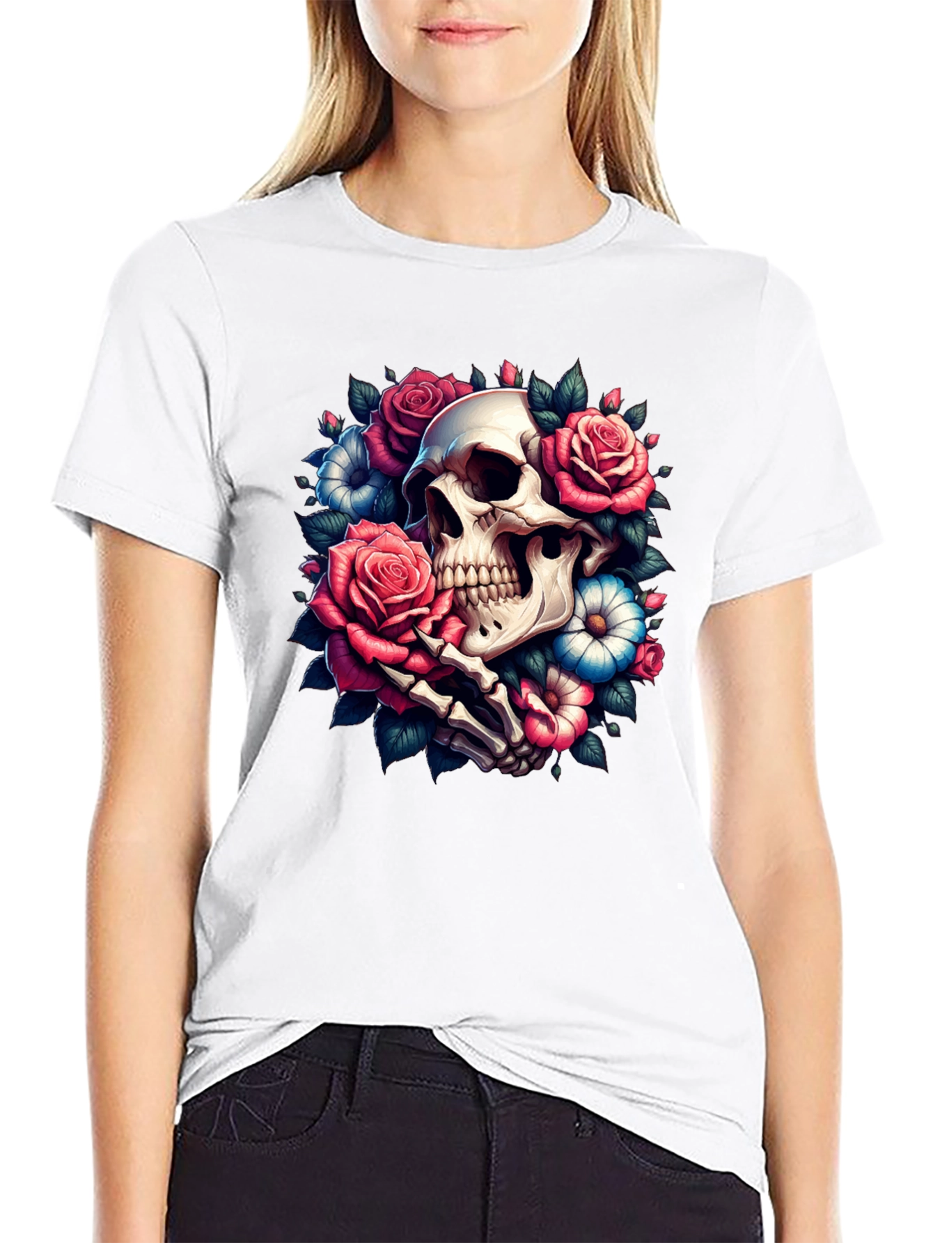 Floral Skull Graphic Tee - Black