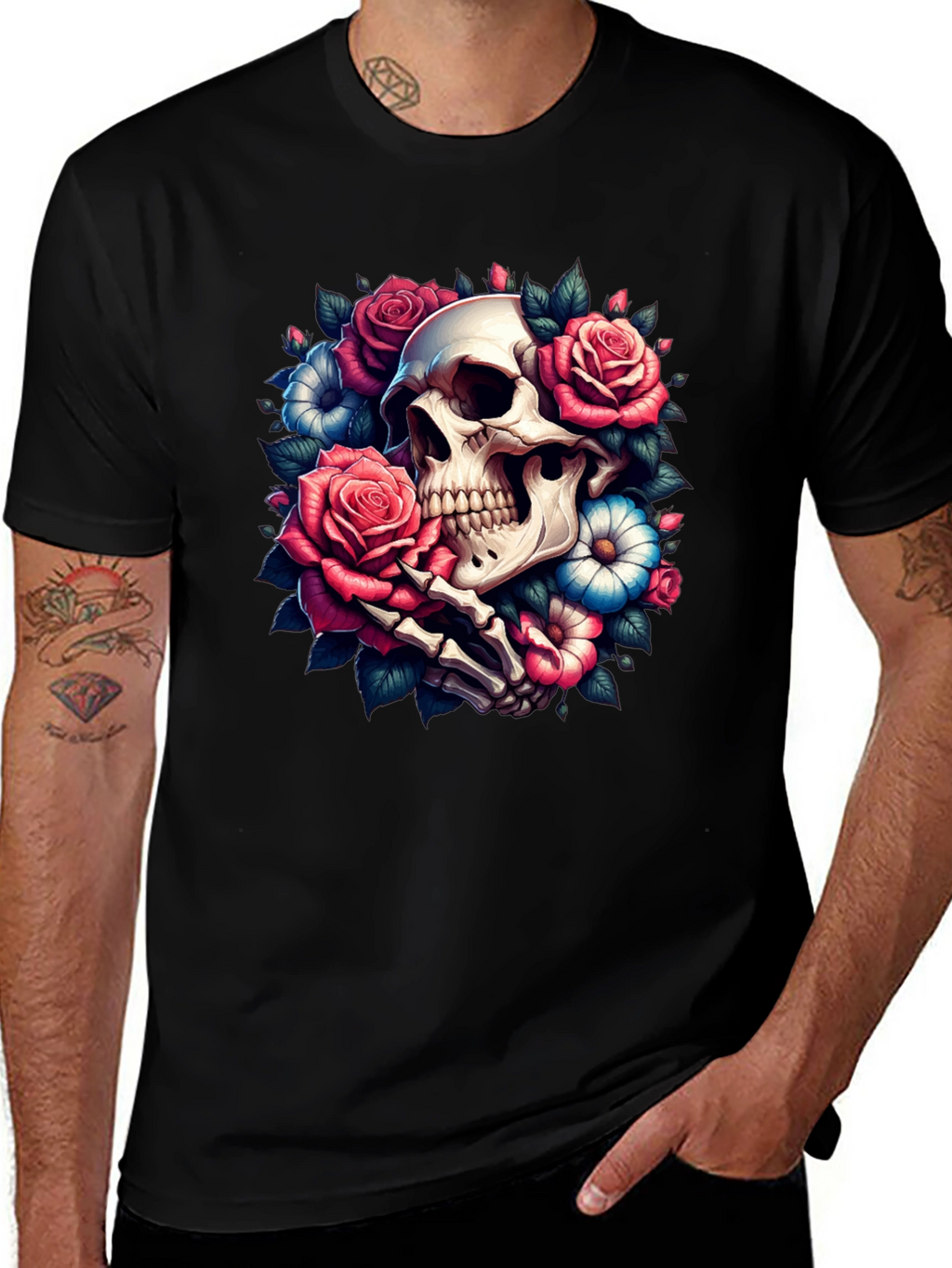 Floral Skull Graphic Tee - Black