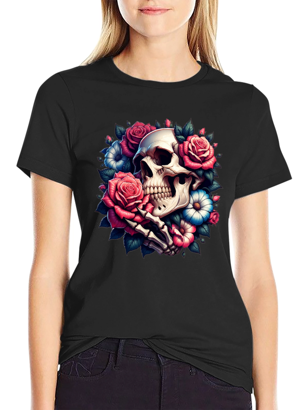 Floral Skull Graphic Tee - Black