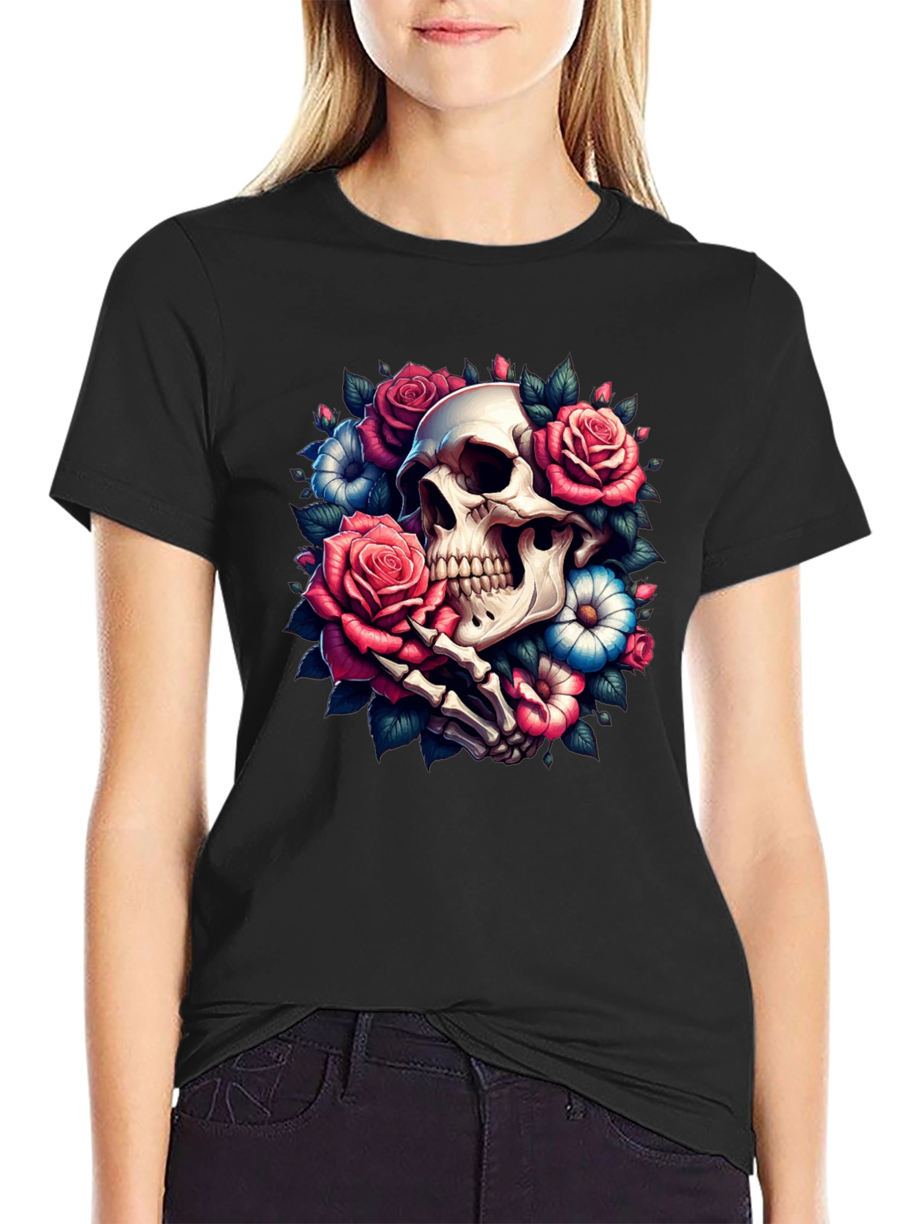 Floral Skull Graphic Tee - Black