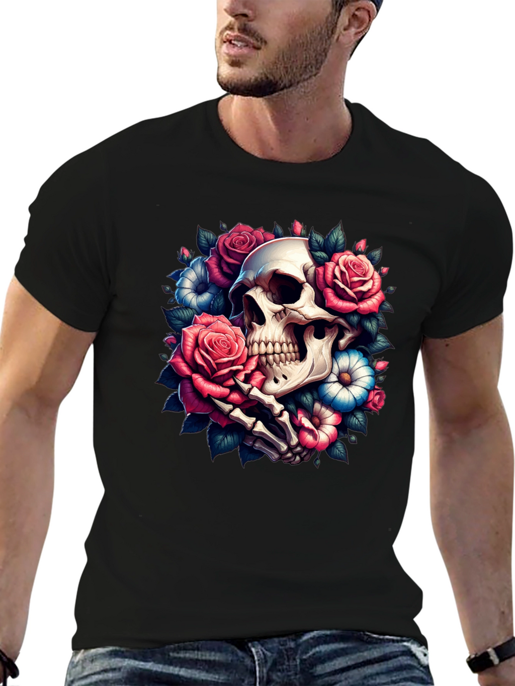 Floral Skull Graphic Tee - Black
