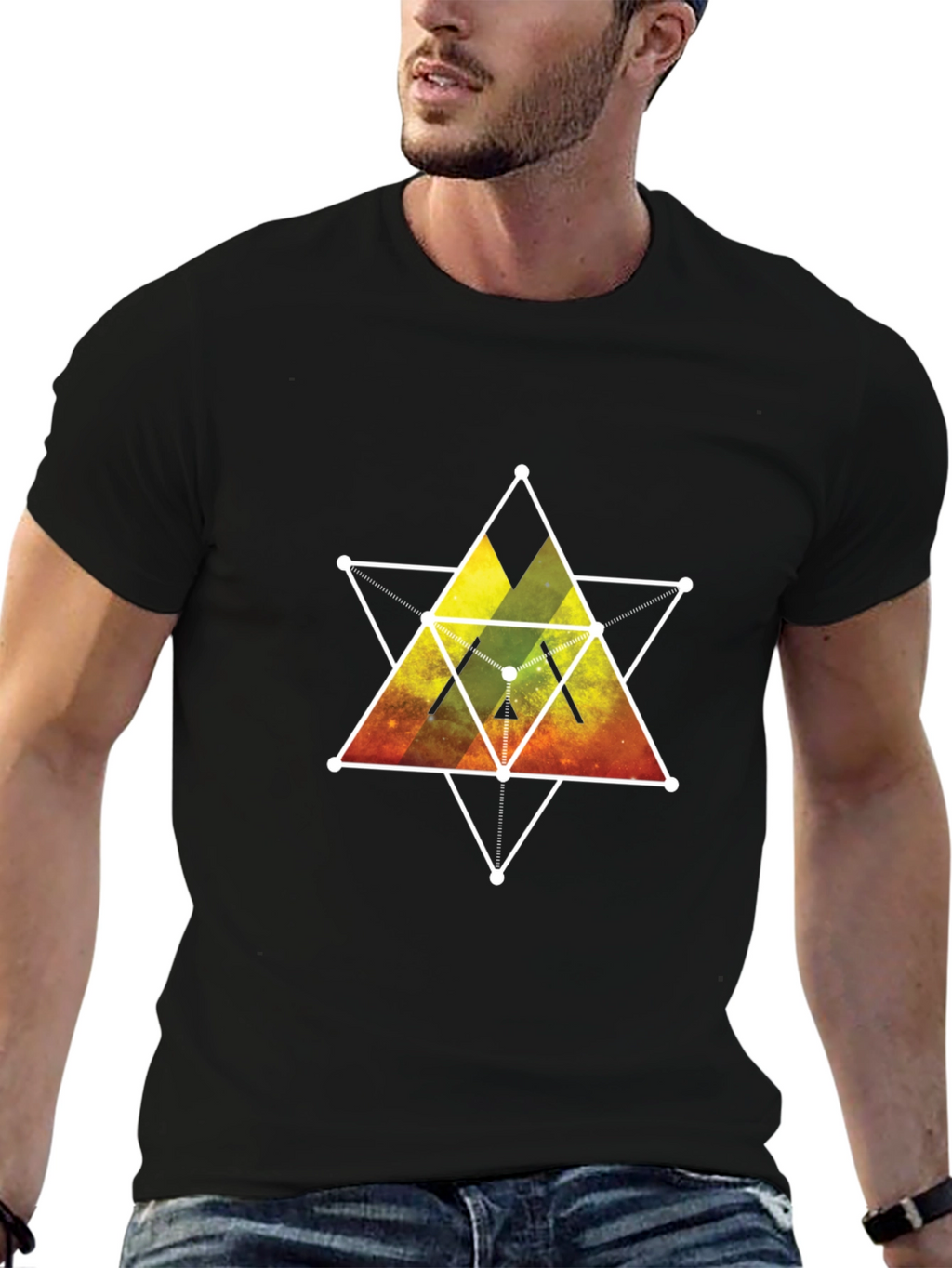 Geometric Galaxy Print Black T-Shirt