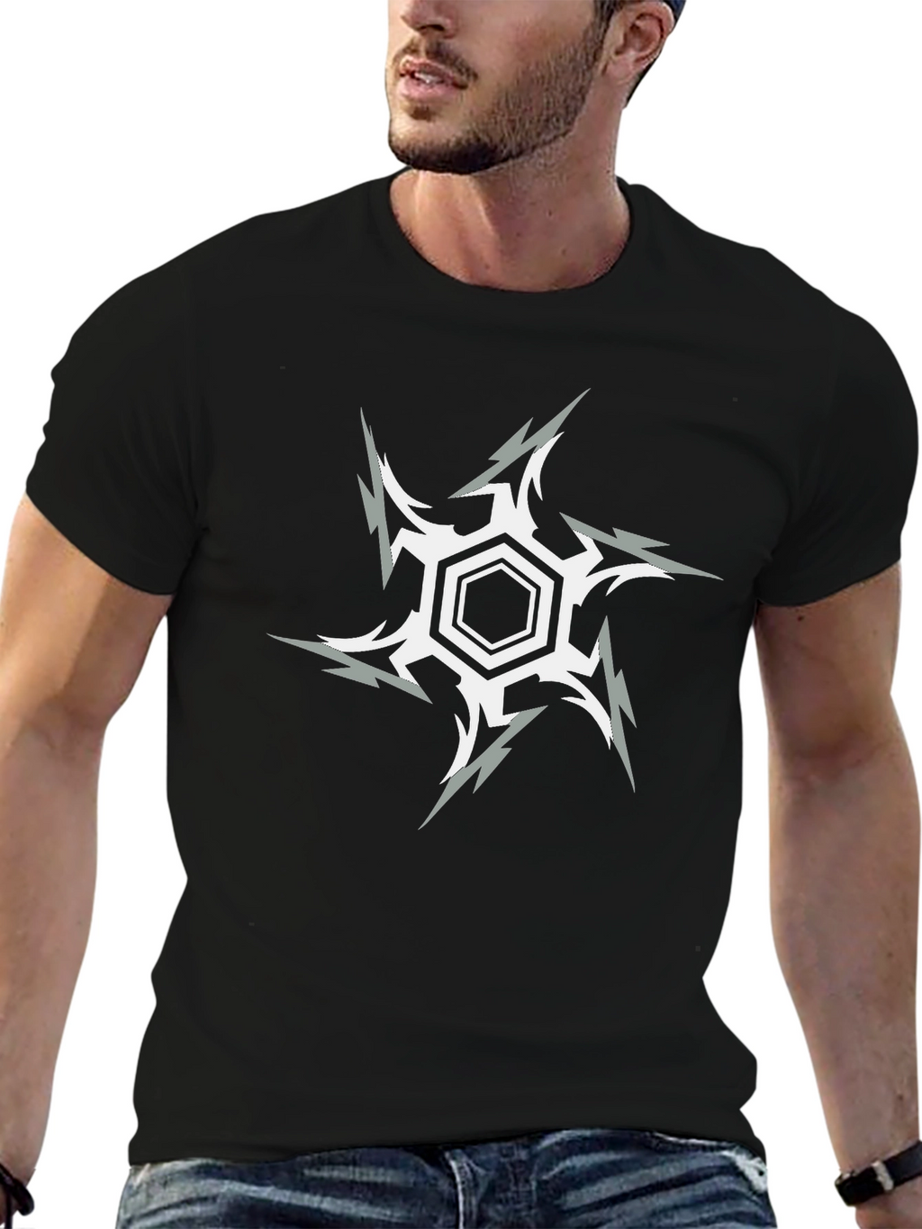 Hexagon Starburst Graphic Print Black T-Shirt