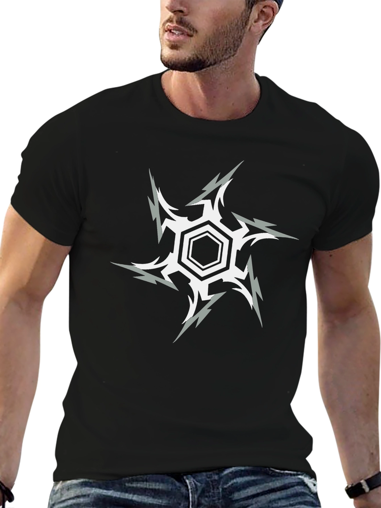 Hexagon Starburst Graphic Print Black T-Shirt