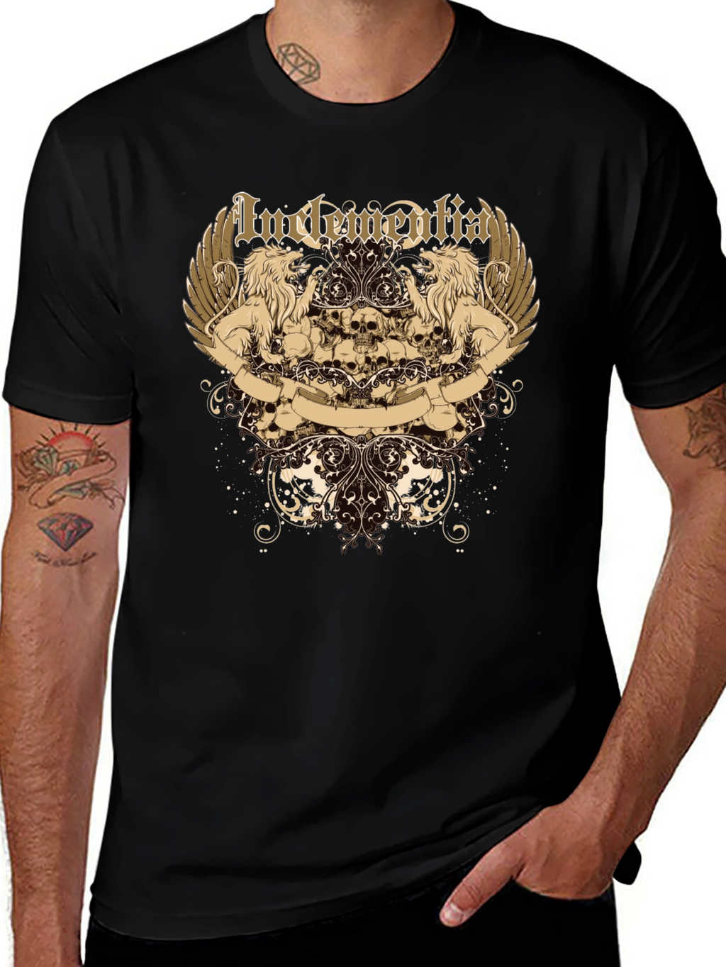 Mens Black Graphic Tee - Lion & Skull Design