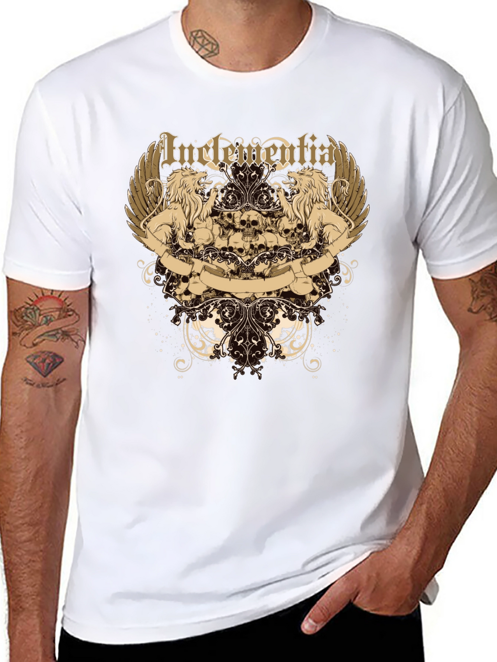 Mens Black Graphic Tee - Lion & Skull Design