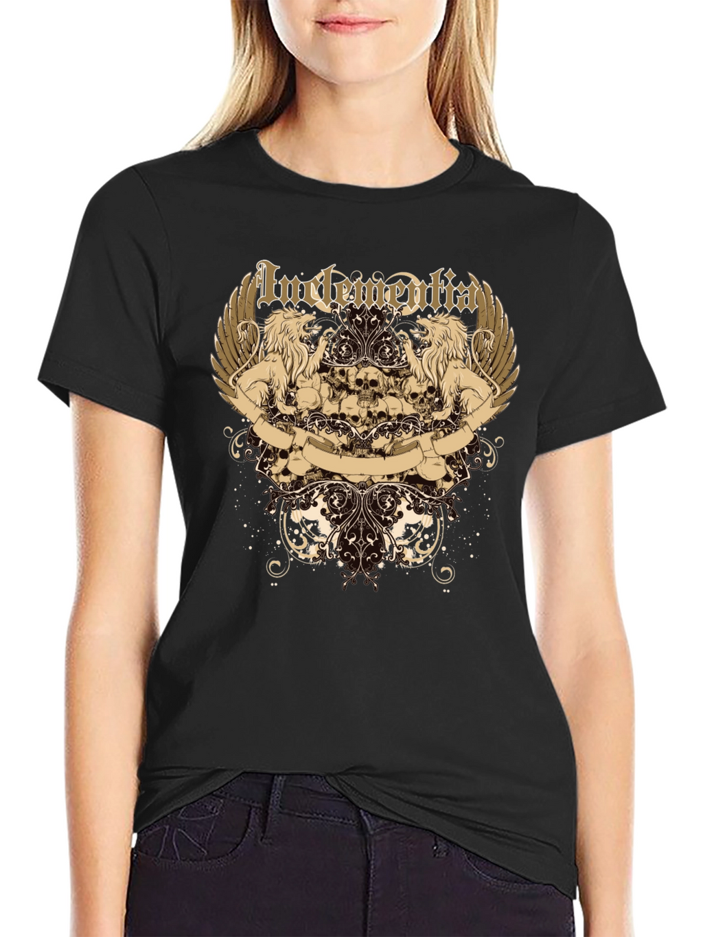 Mens Black Graphic Tee - Lion & Skull Design