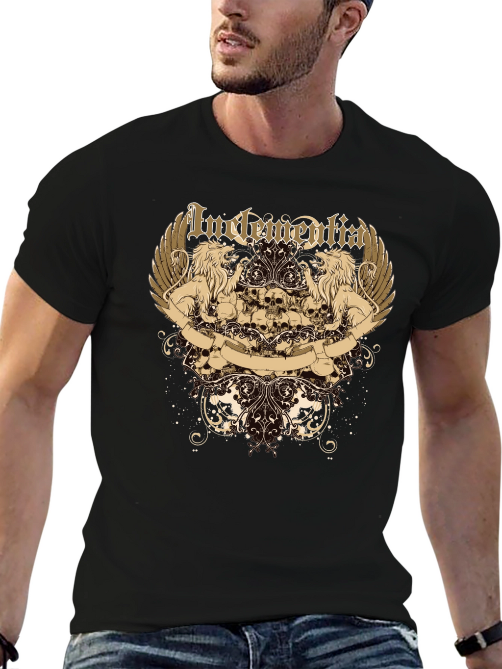 Mens Black Graphic Tee - Lion & Skull Design