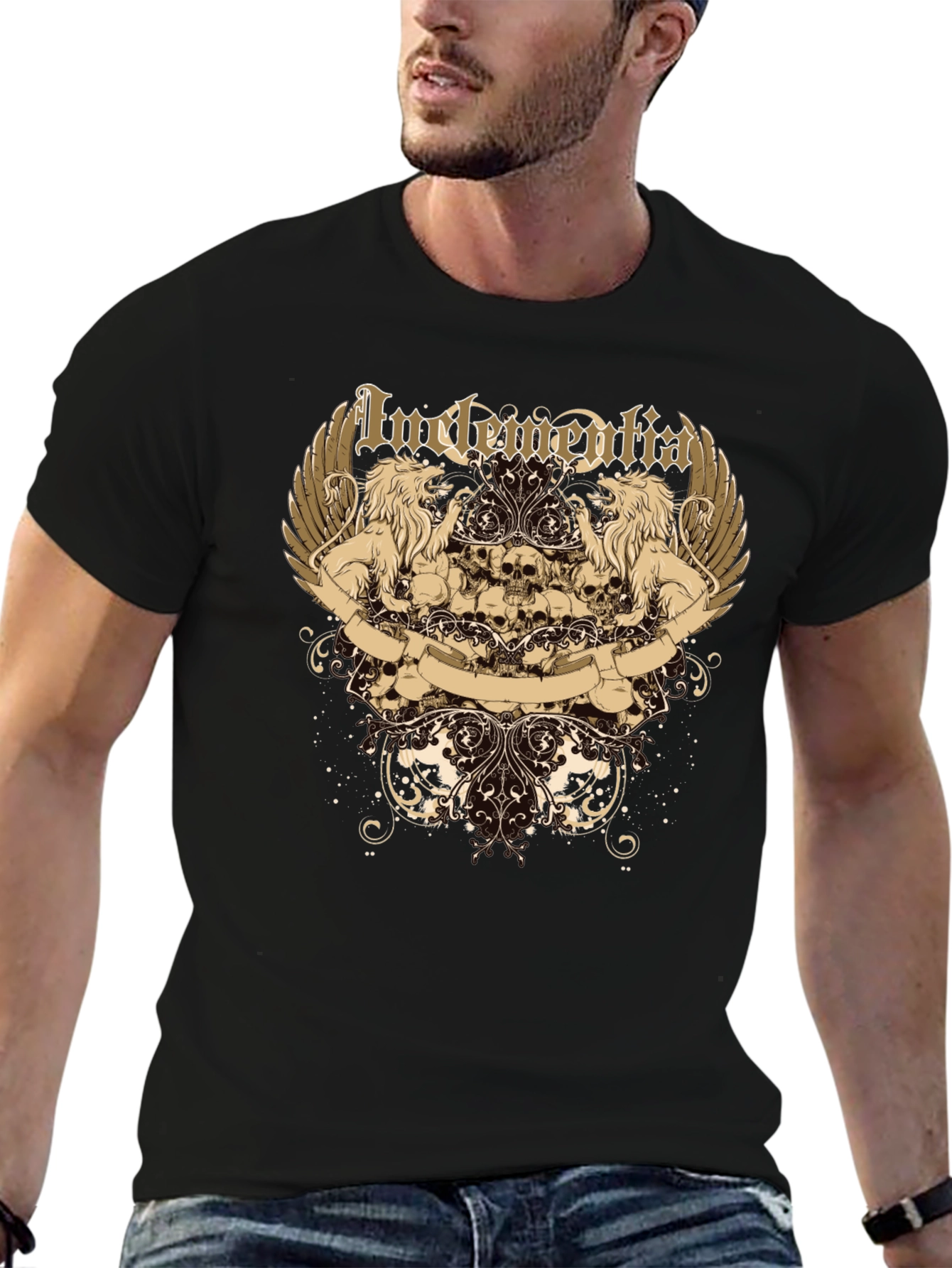 Mens Black Graphic Tee - Lion & Skull Design