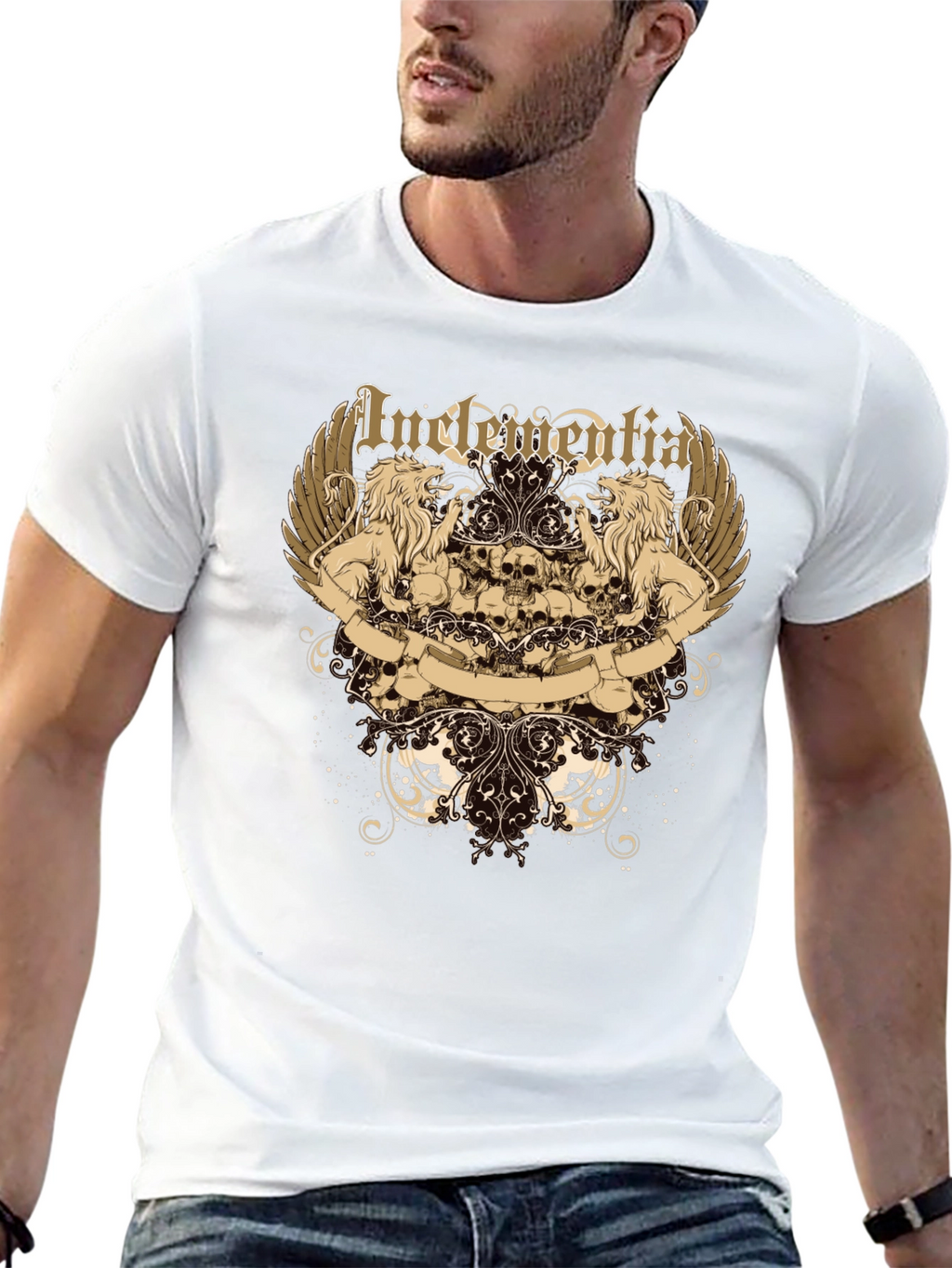 Mens Black Graphic Tee - Lion & Skull Design