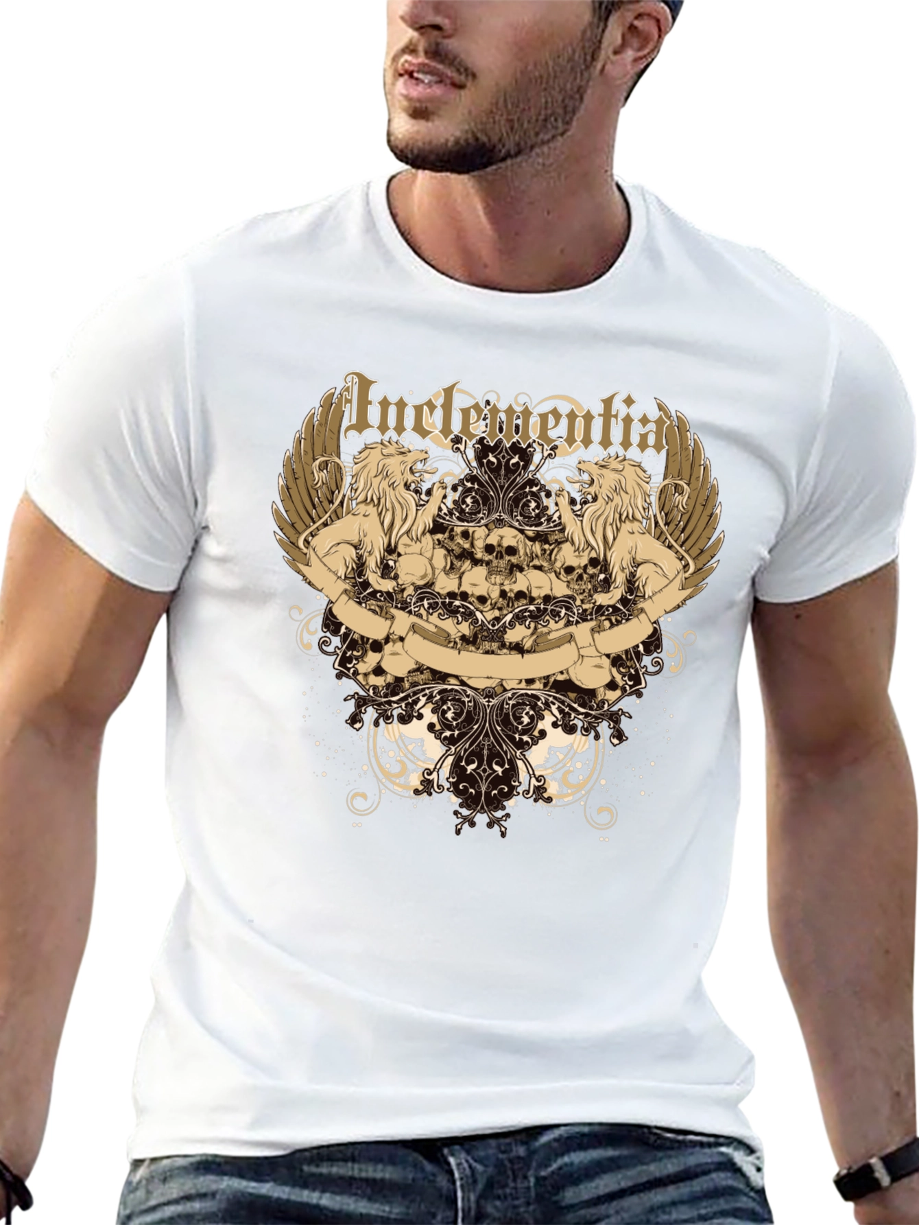 Mens Black Graphic Tee - Lion & Skull Design