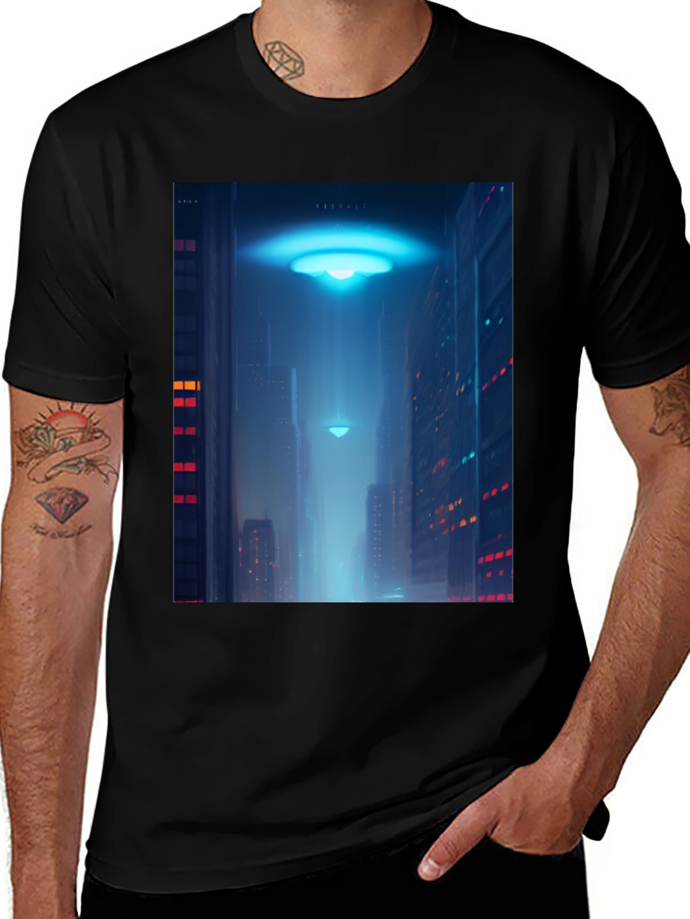 Cyberpunk UFO T-Shirt - Sci-Fi Cityscape Tee