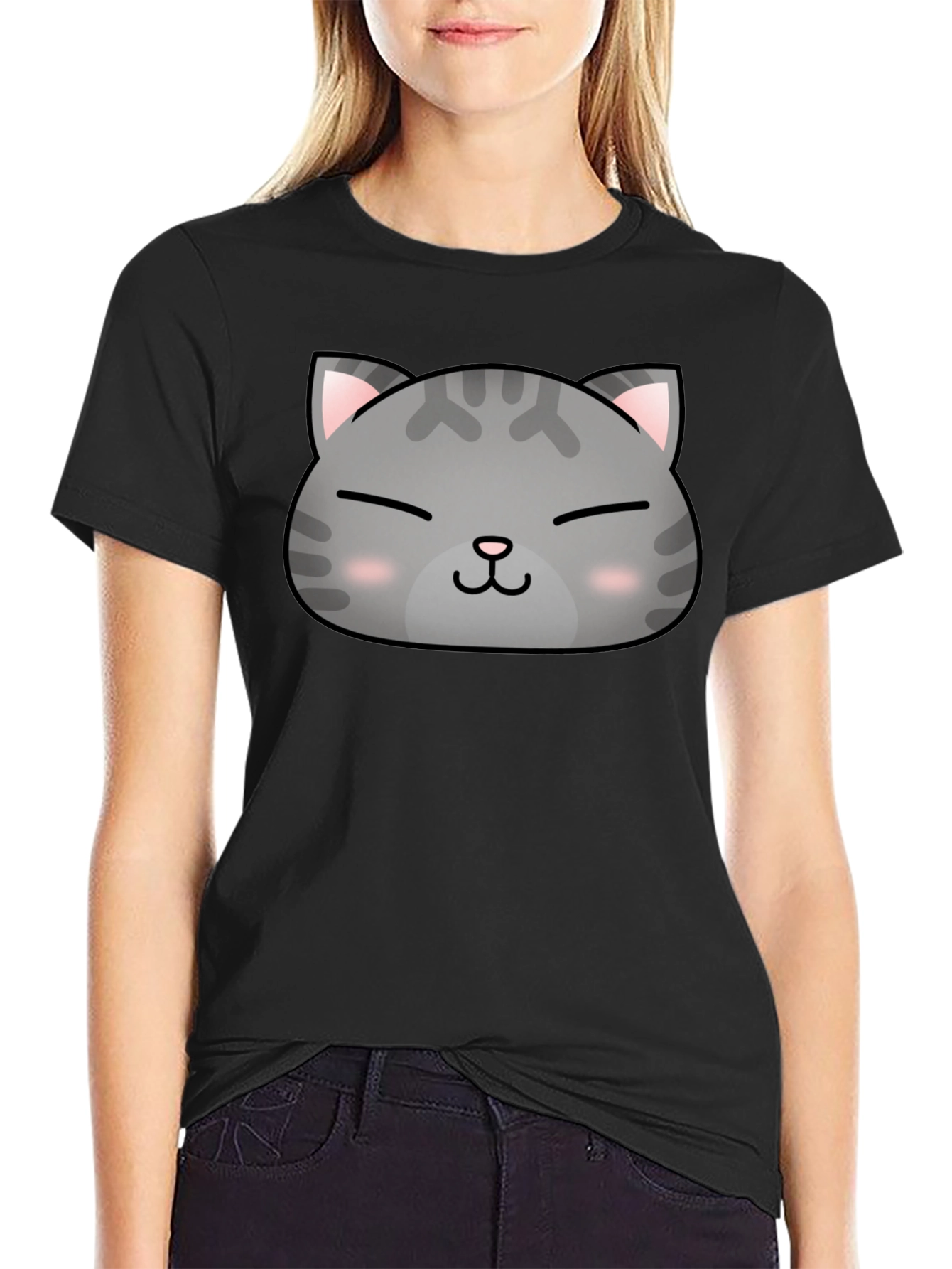 Cute Cat Face Graphic Print Black T-Shirt