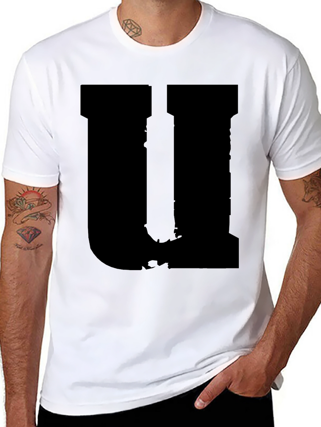 Mens Black Graphic Tee - Distressed Letter U Design