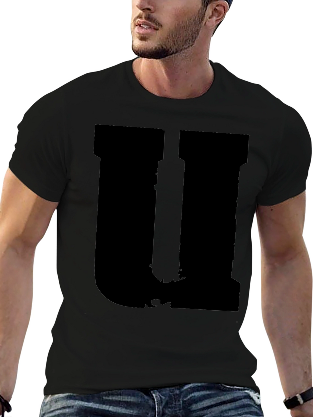 Mens Black Graphic Tee - Distressed Letter U Design