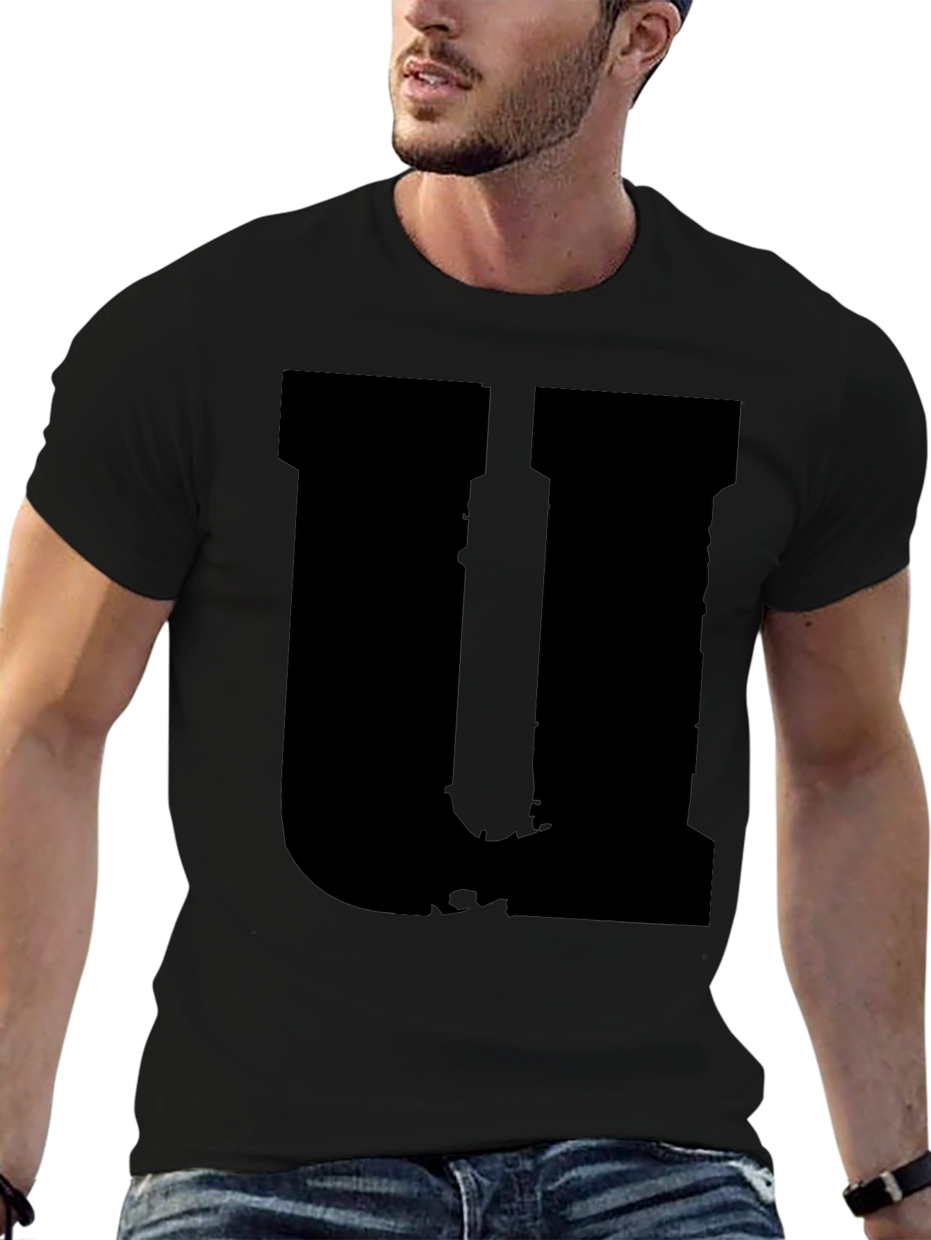Mens Black Graphic Tee - Distressed Letter U Design