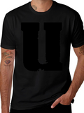 Mens Black Graphic Tee - Distressed Letter U Design