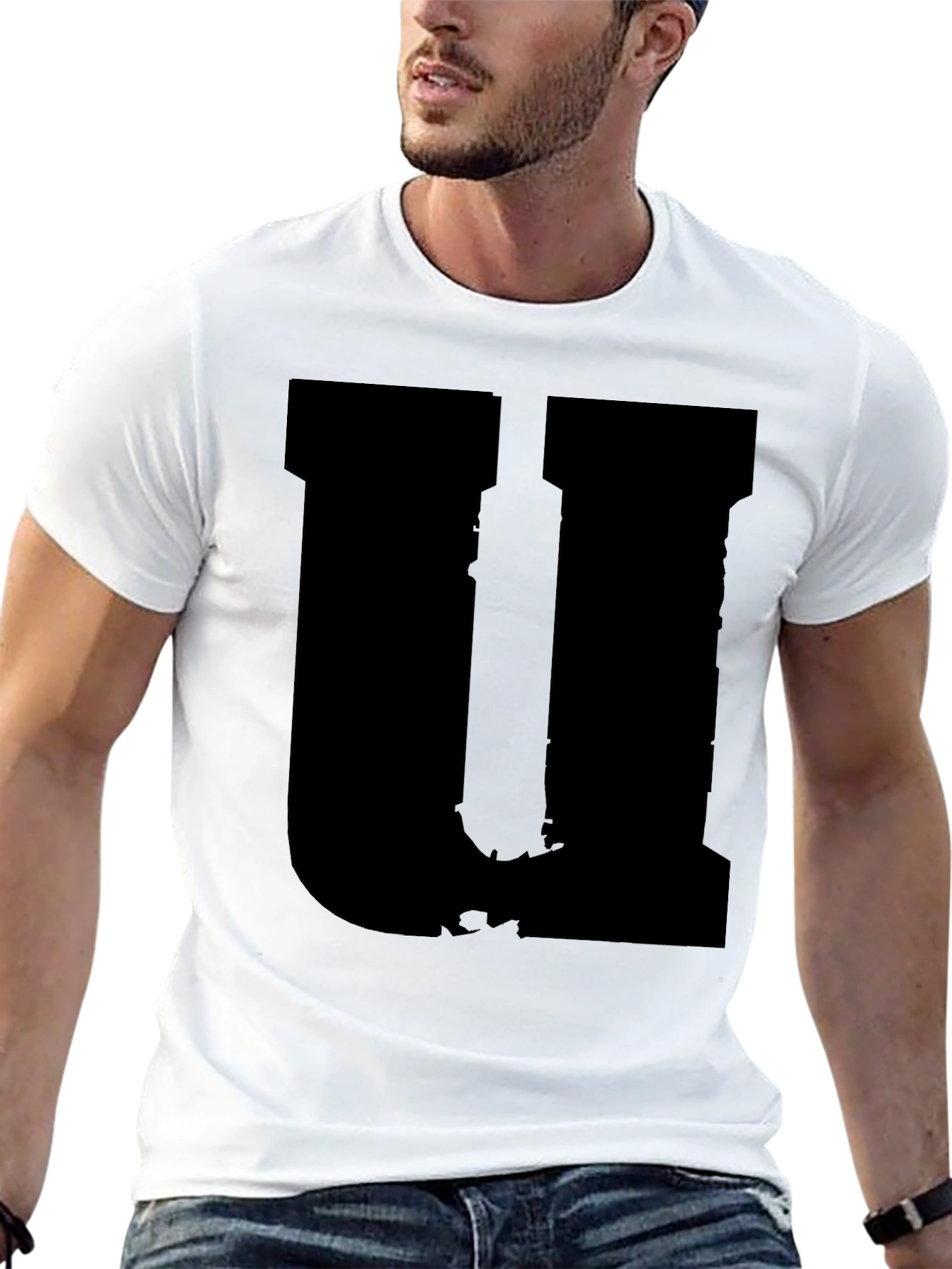 Mens Black Graphic Tee - Distressed Letter U Design