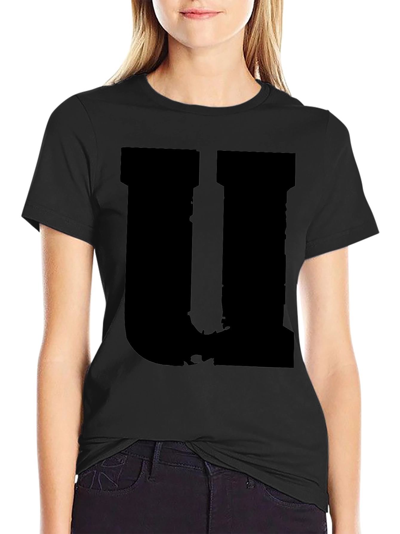 Mens Black Graphic Tee - Distressed Letter U Design