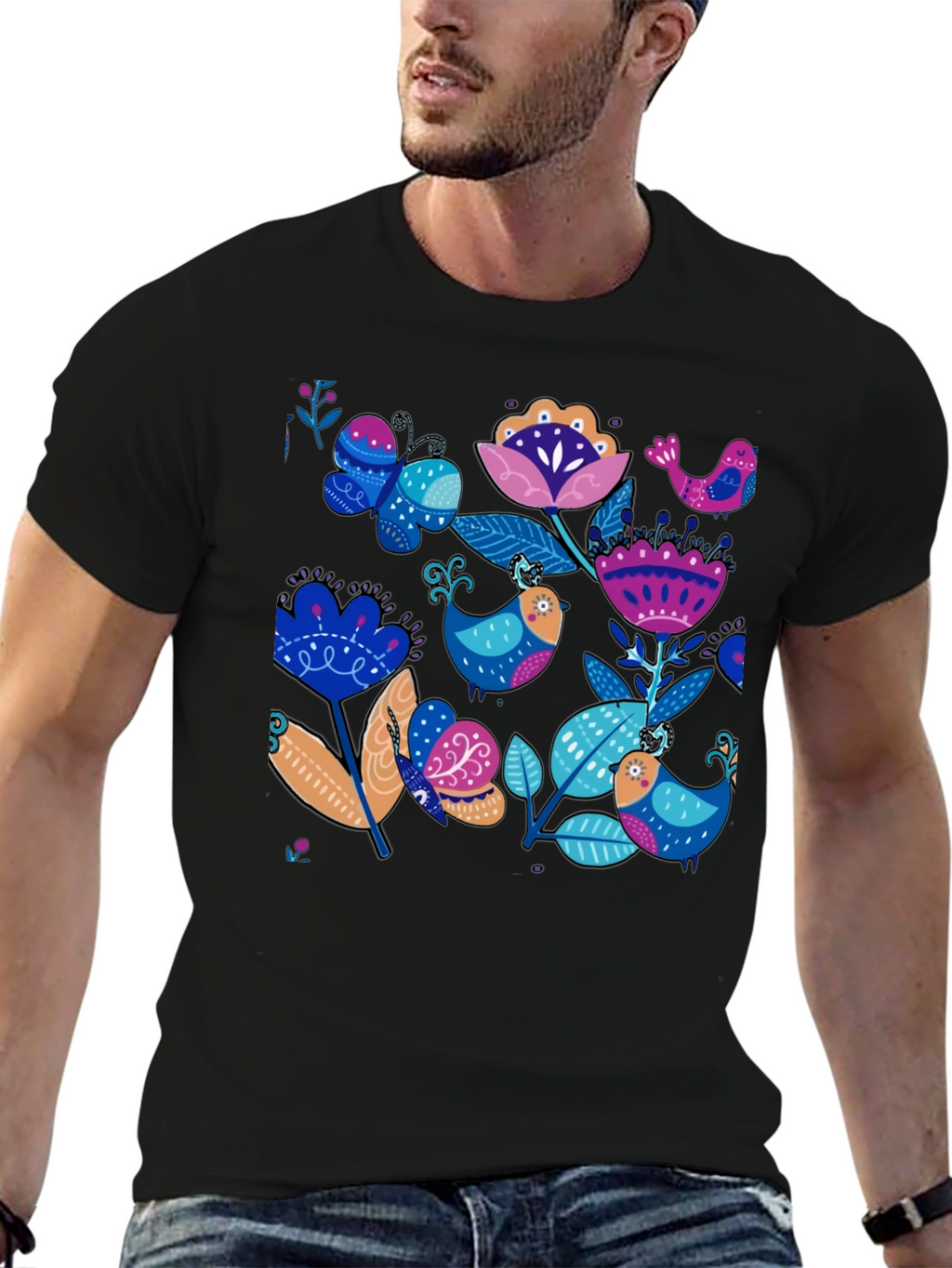 Floral Bird Print Black T-Shirt