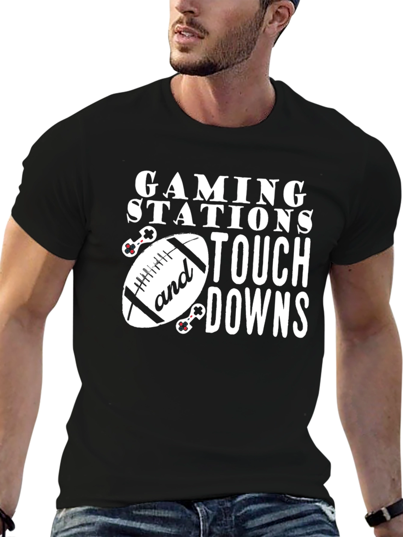 Gaming Stations and Touchdowns Black T-Shirt