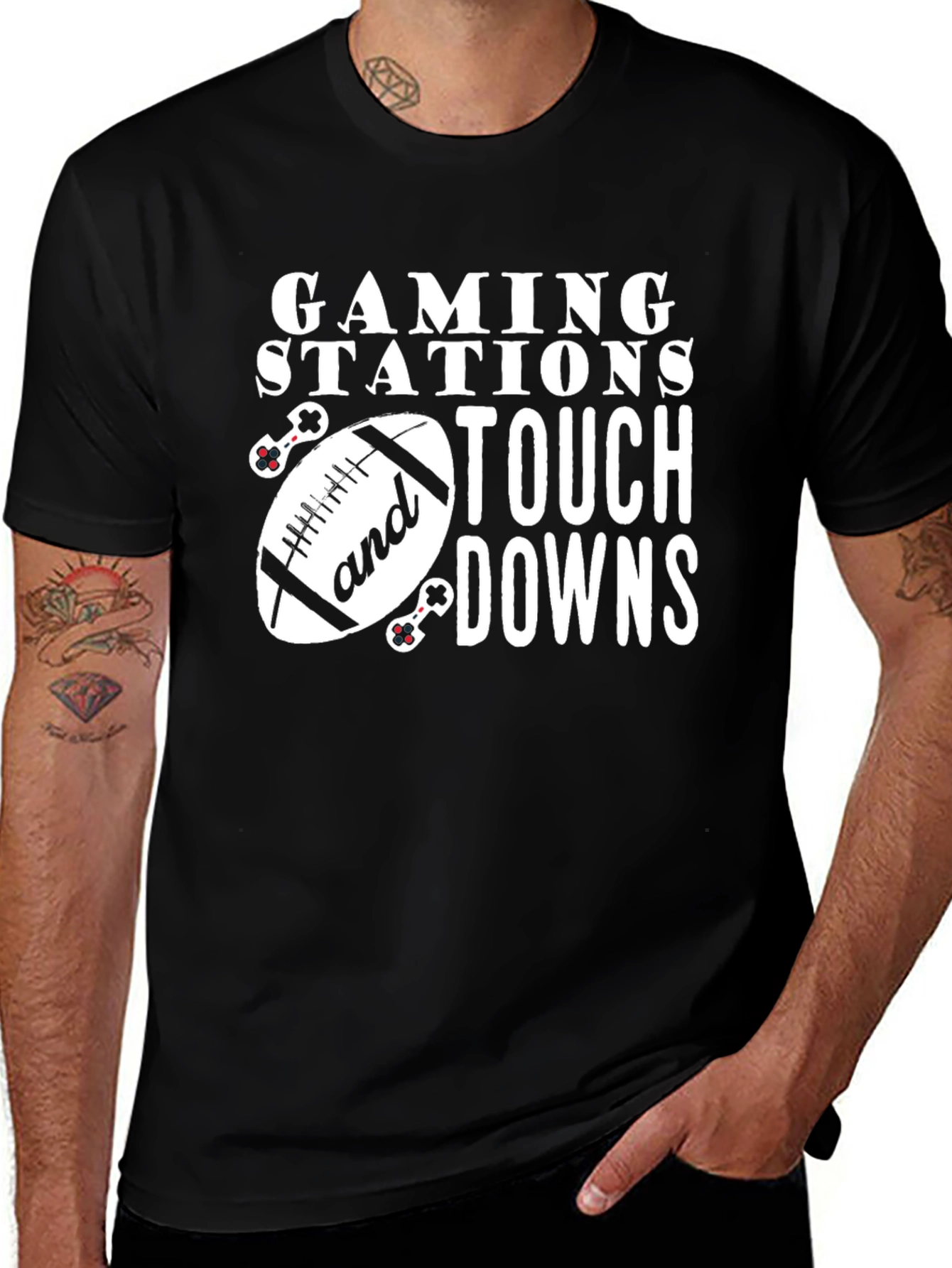 Gaming Stations and Touchdowns Black T-Shirt