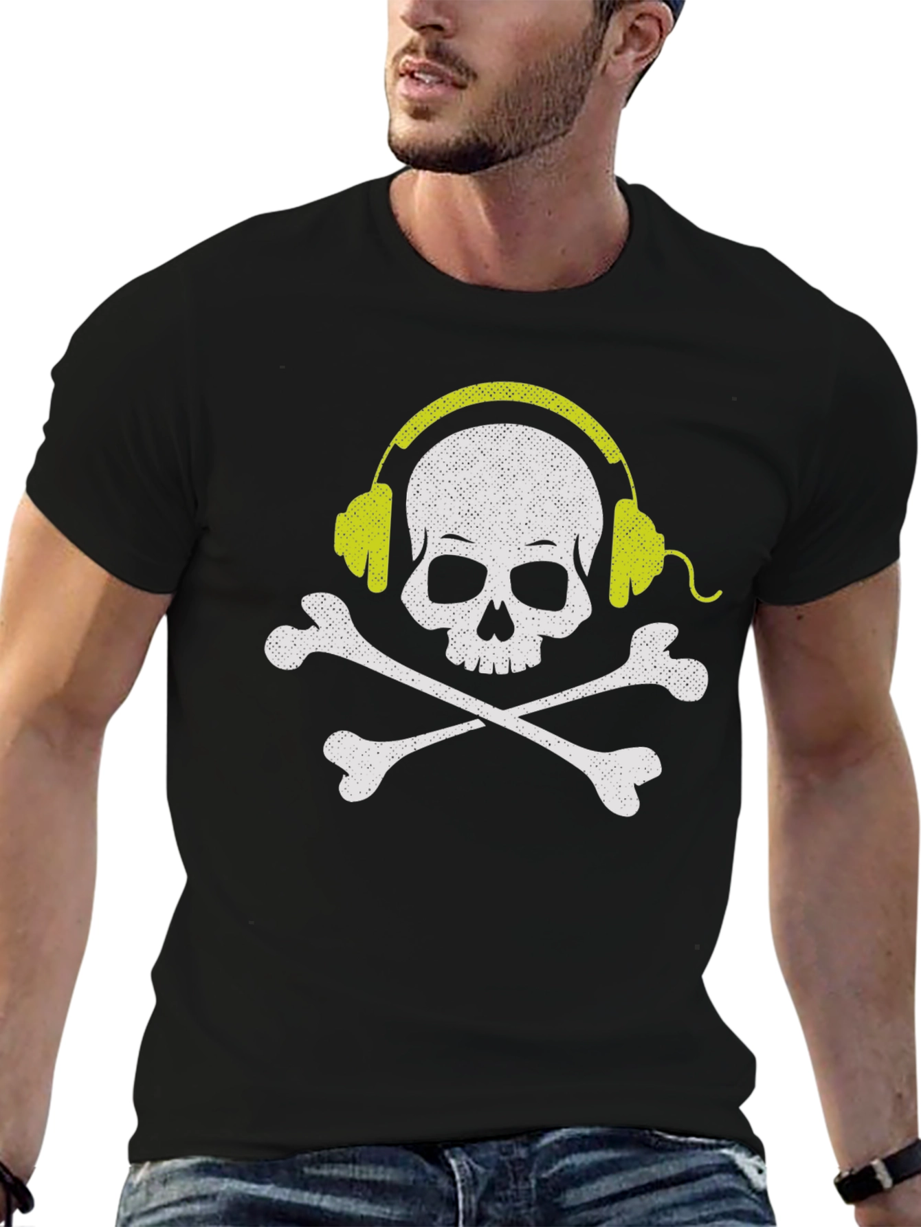 Skull & Crossbones Headphones Graphic Tee - Black