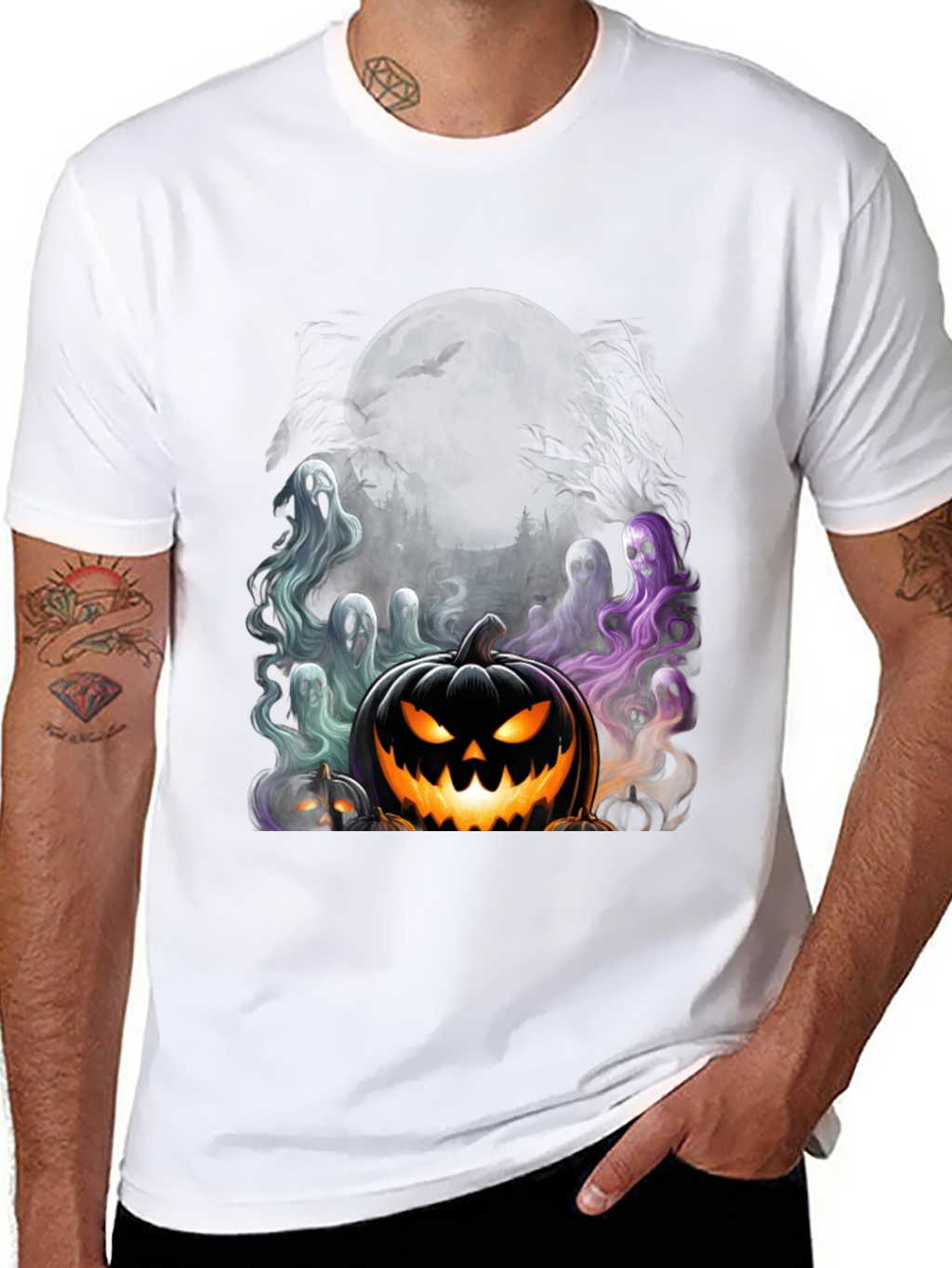 Spooky Halloween Graphic Tee - Pumpkin and Ghosts